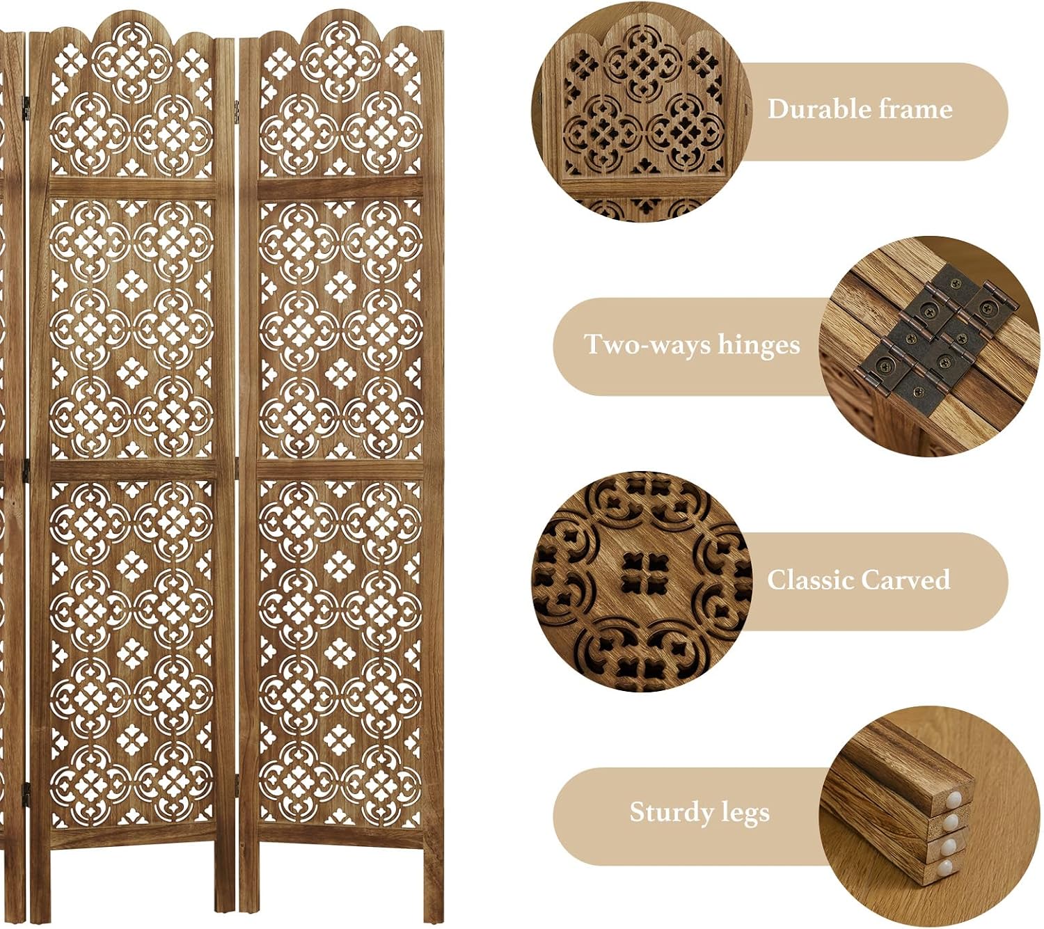 Dark Brown 4 Panel Carved Wood Room Divider