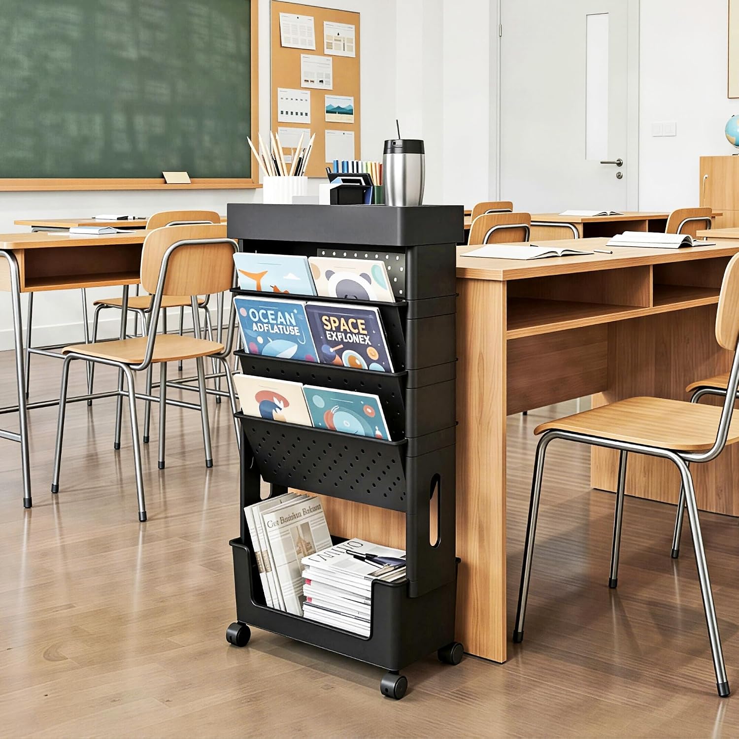 Black 5 Tier Rolling Book Storage Organizer Cart