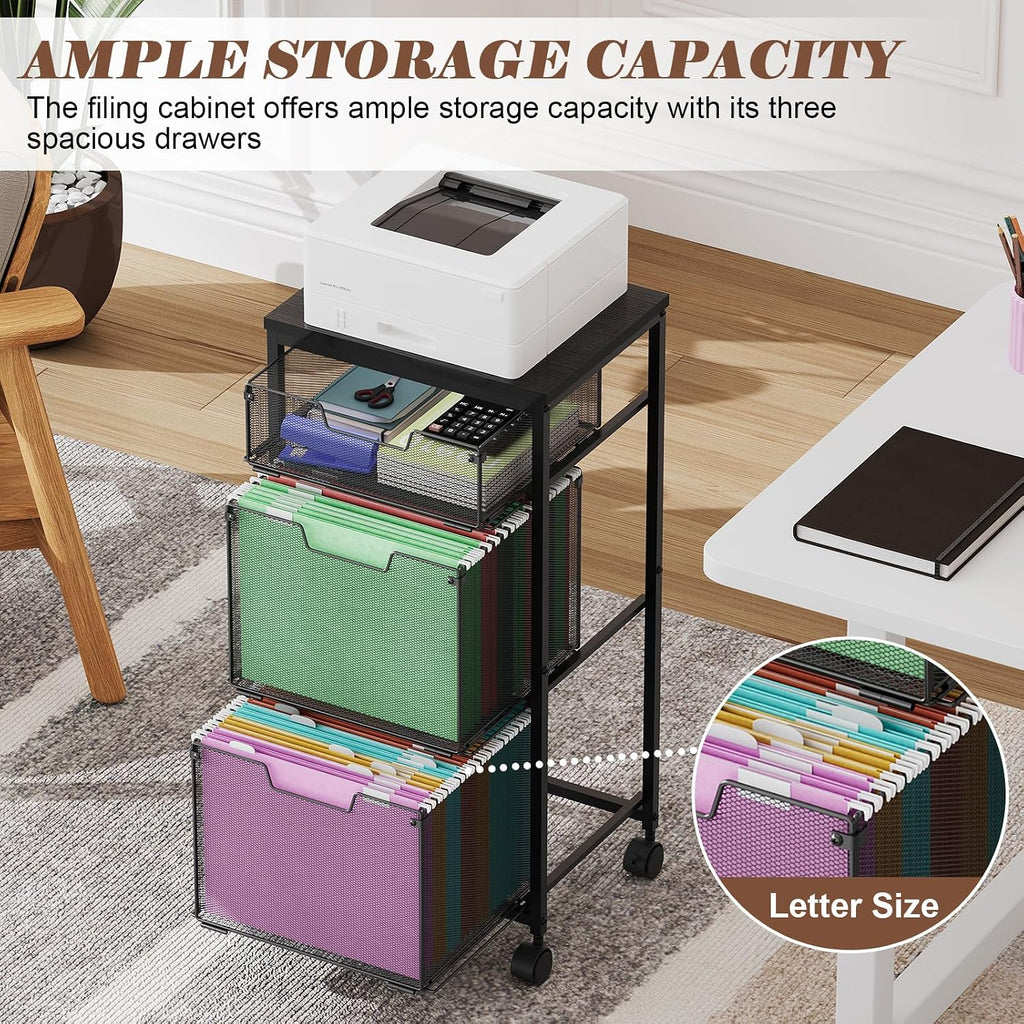 Black 3 Drawer Lockable Rolling File Storage Cart