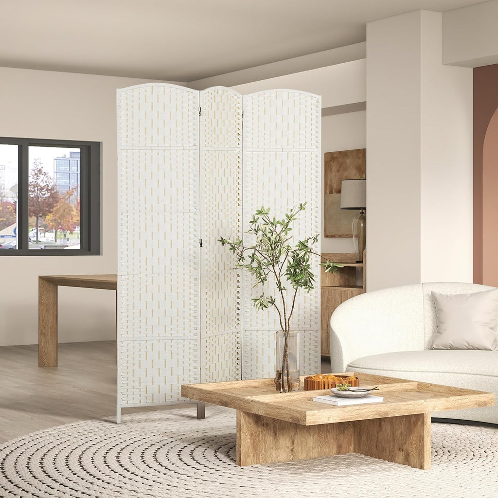 White 3 Panel Woven Folding Room Divider Screen