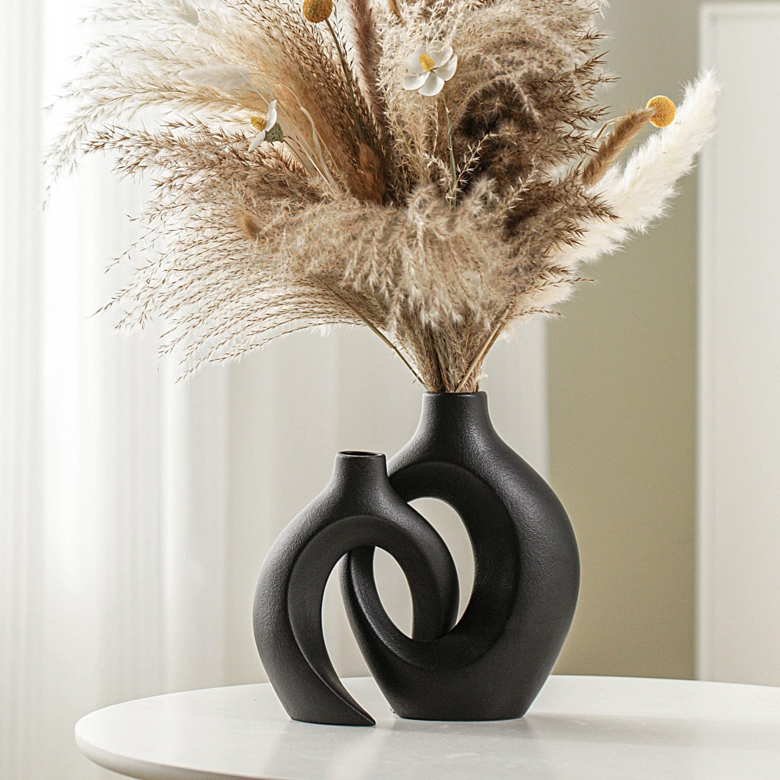 Matte Black Hollow Nordic Ceramic Vase Set Two