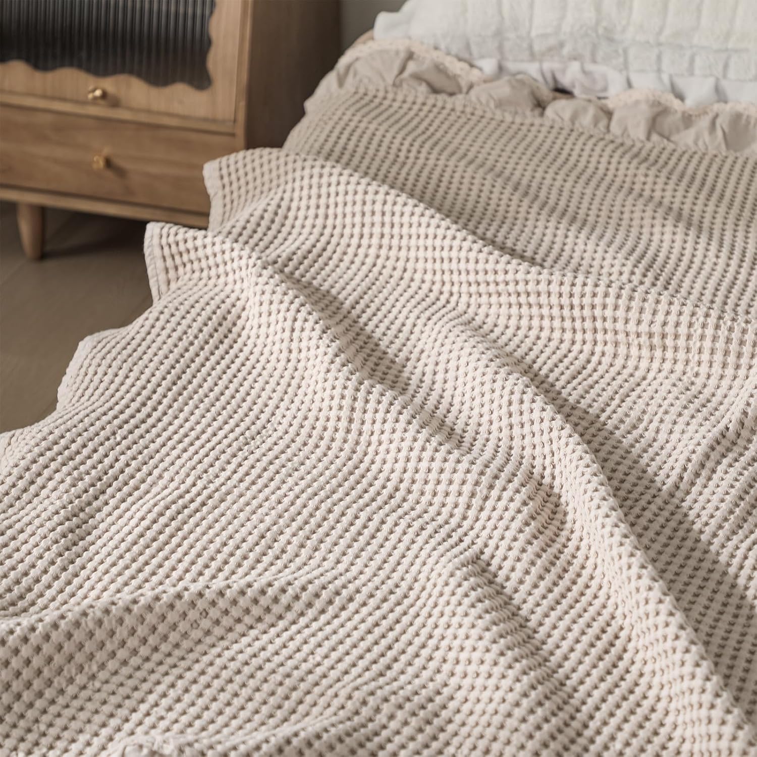 Beige Waffle Cotton Ruffled Farmhouse Throw Blanket