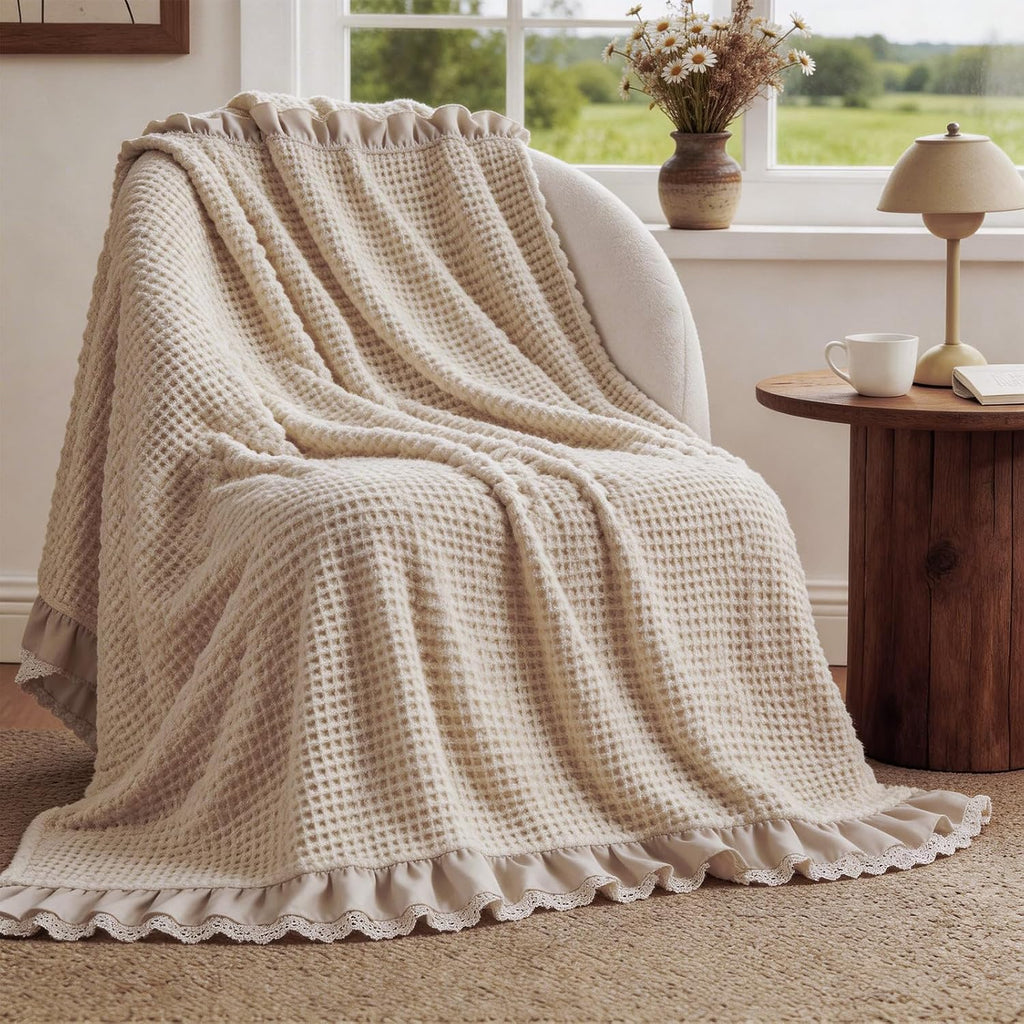 Beige Waffle Cotton Ruffled Farmhouse Throw Blanket