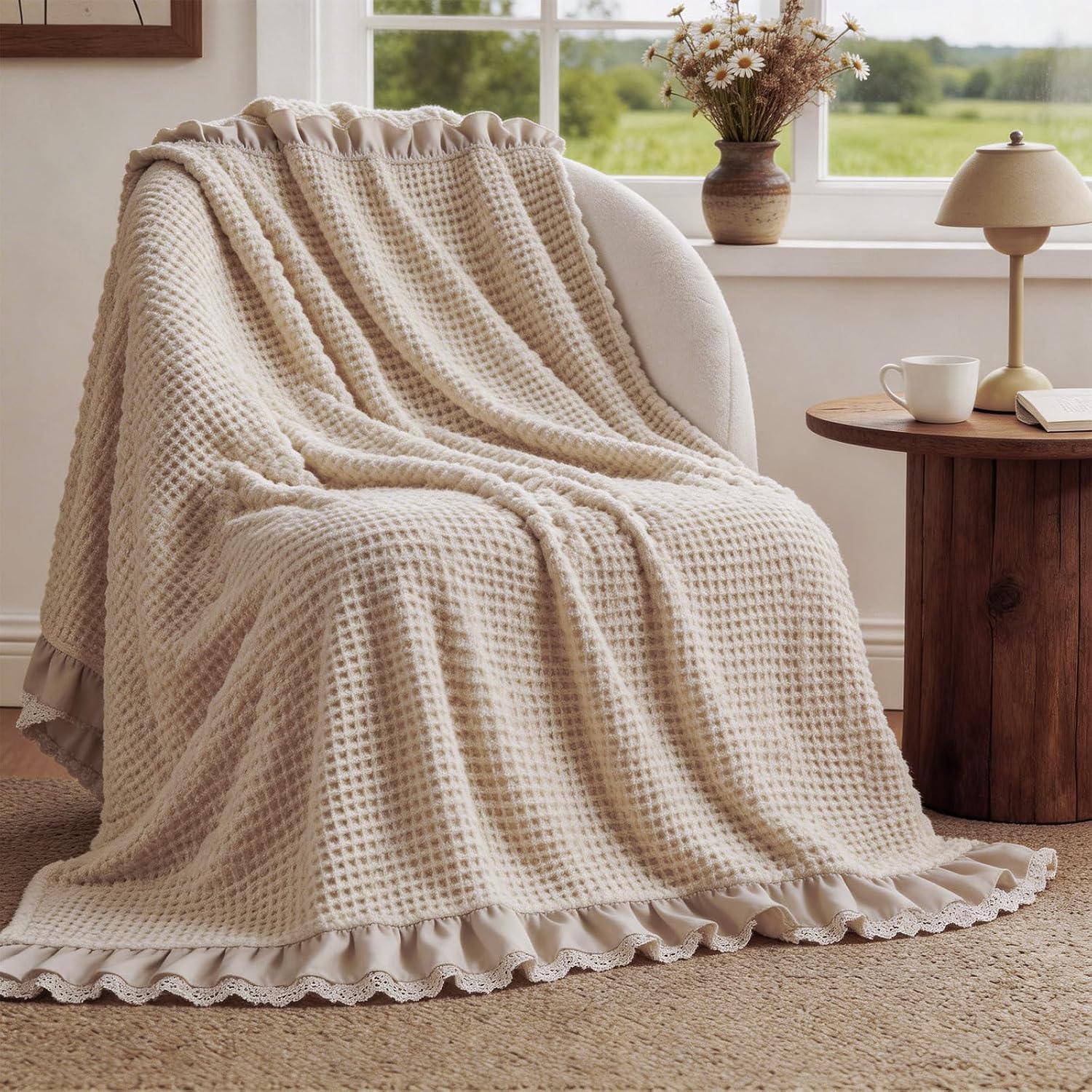 Beige Waffle Cotton Ruffled Farmhouse Throw Blanket
