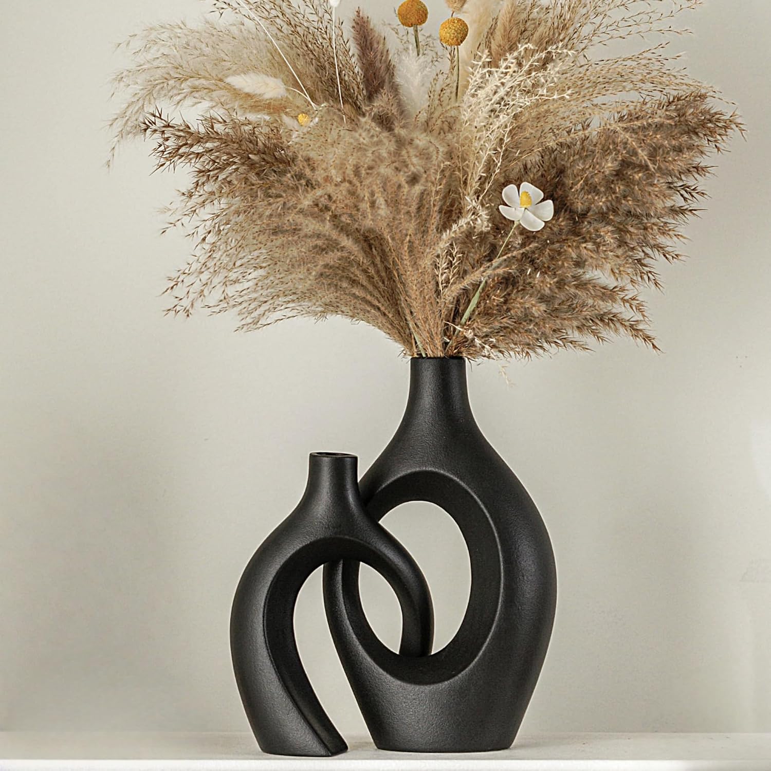 Matte Black Hollow Nordic Ceramic Vase Set Two