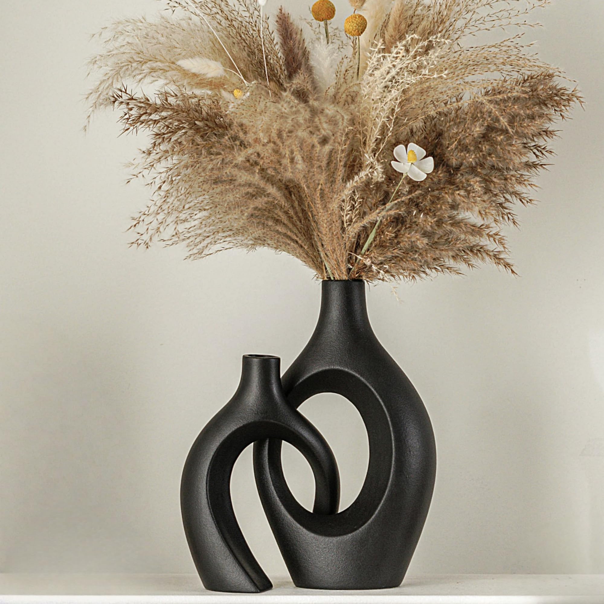 Matte Black Hollow Nordic Ceramic Vase Set Two