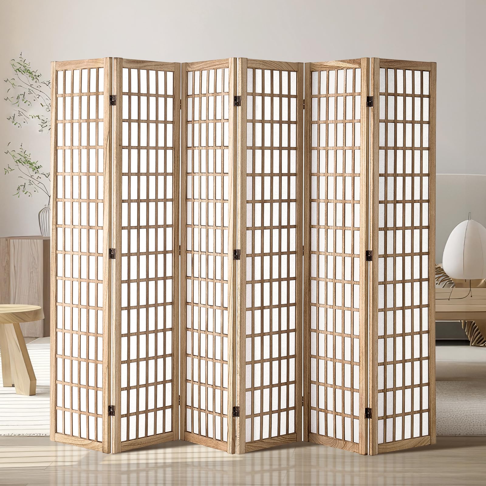 Natural 6 Panel Japanese Wood Folding Room Divider