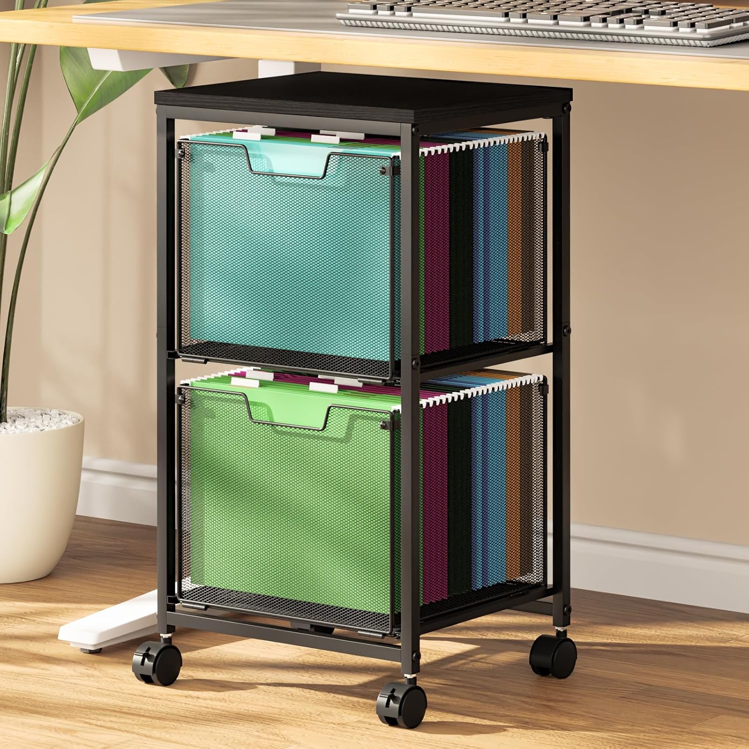 Black Rolling File Cart 2 Drawer Under Desk Storage