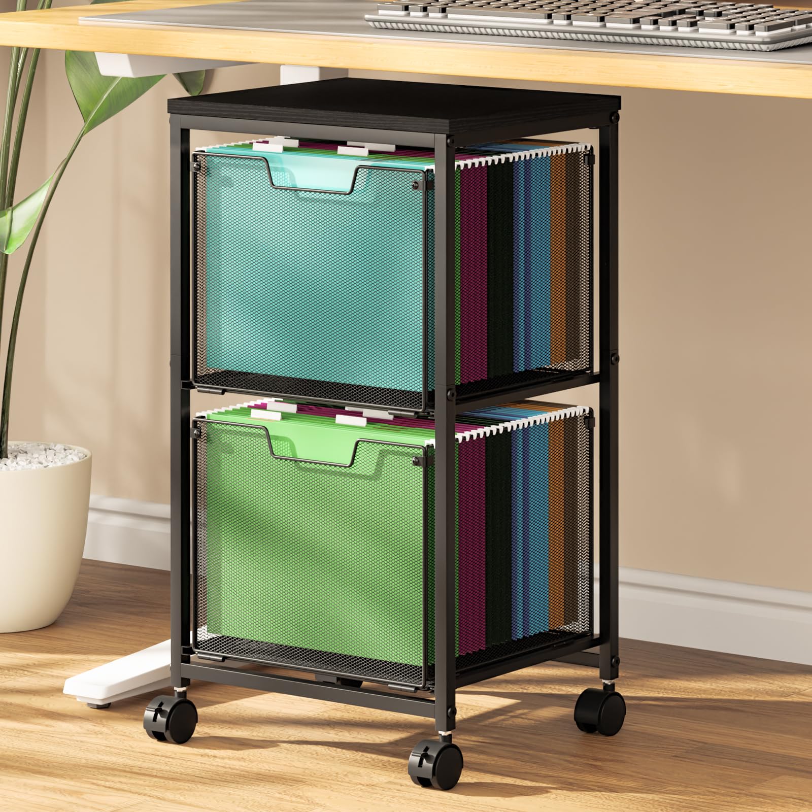Black Rolling File Cart 2 Drawer Under Desk Storage