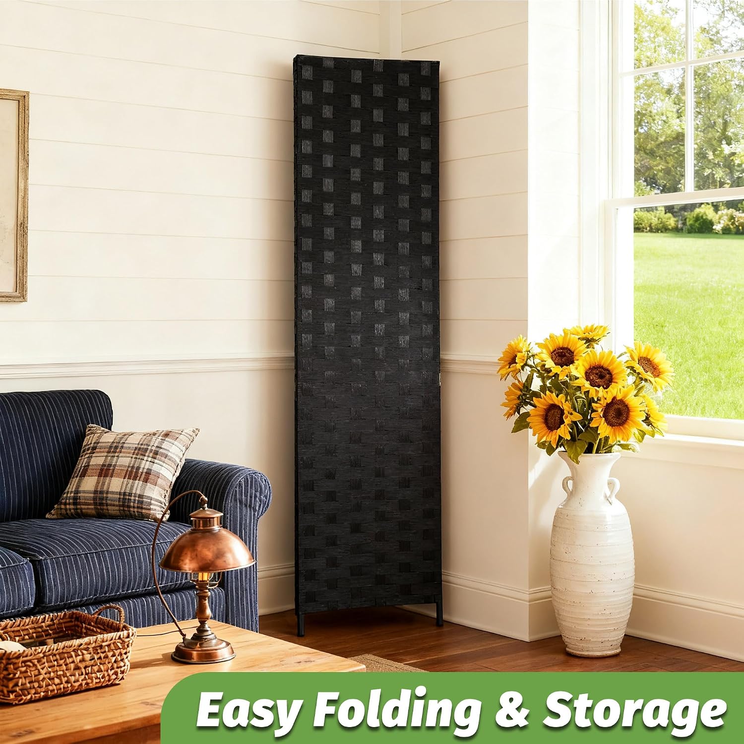Black 4 Panel Woven Wood Folding Room Divider