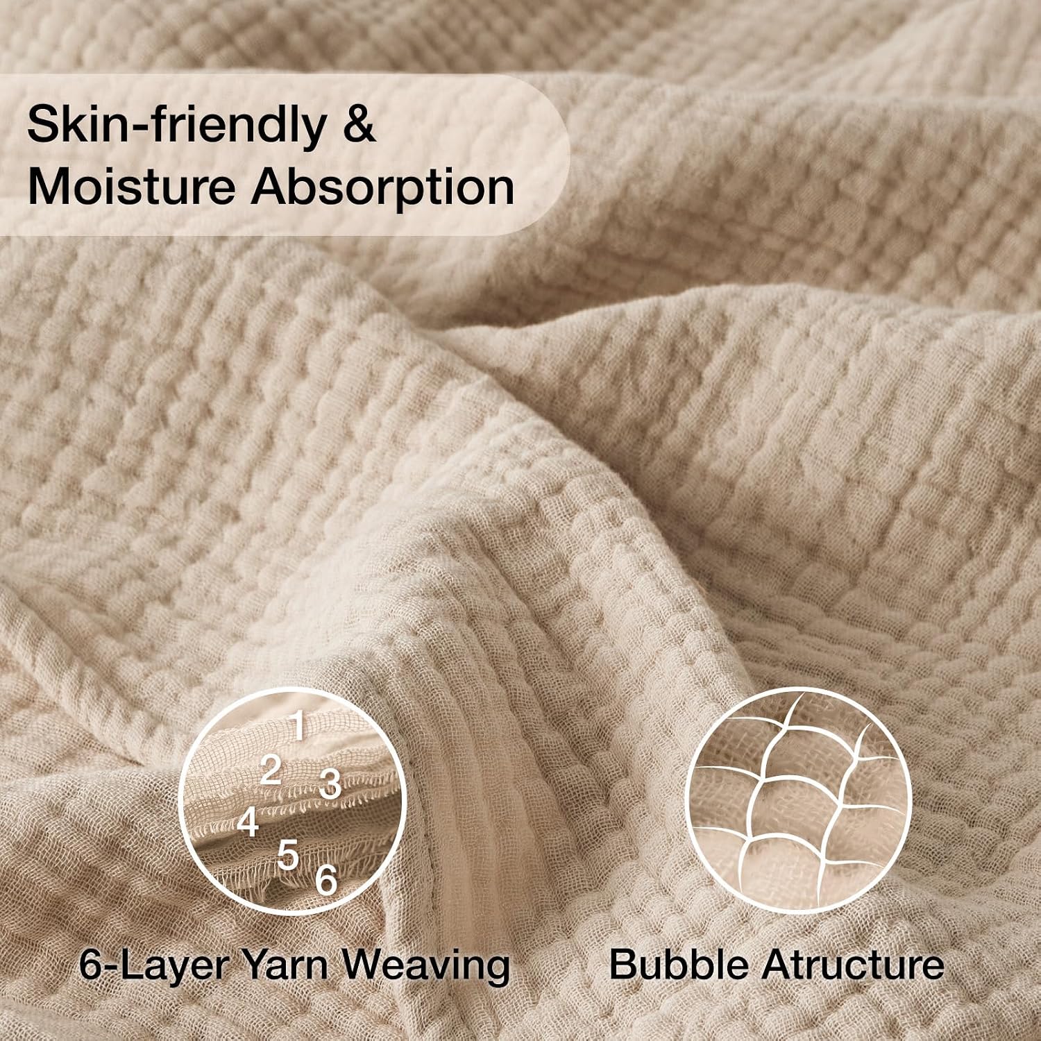 Beige 6 Layer Muslin Cotton Cooling Throw Blanket