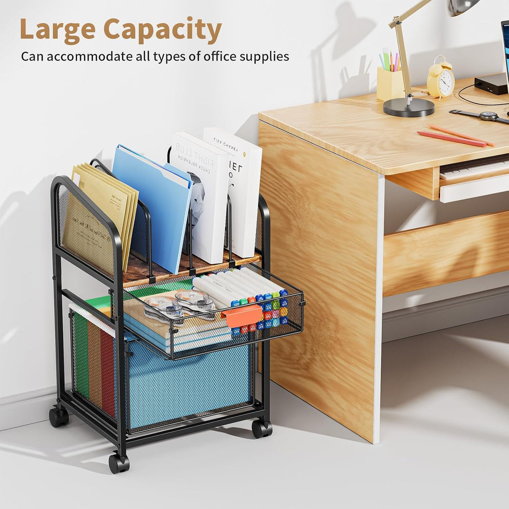 Dark Brown Lockable File Cart Adjustable Storage Organizer