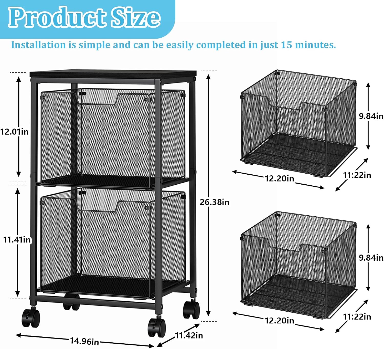 Black Rolling File Cart 2 Drawer Under Desk Storage