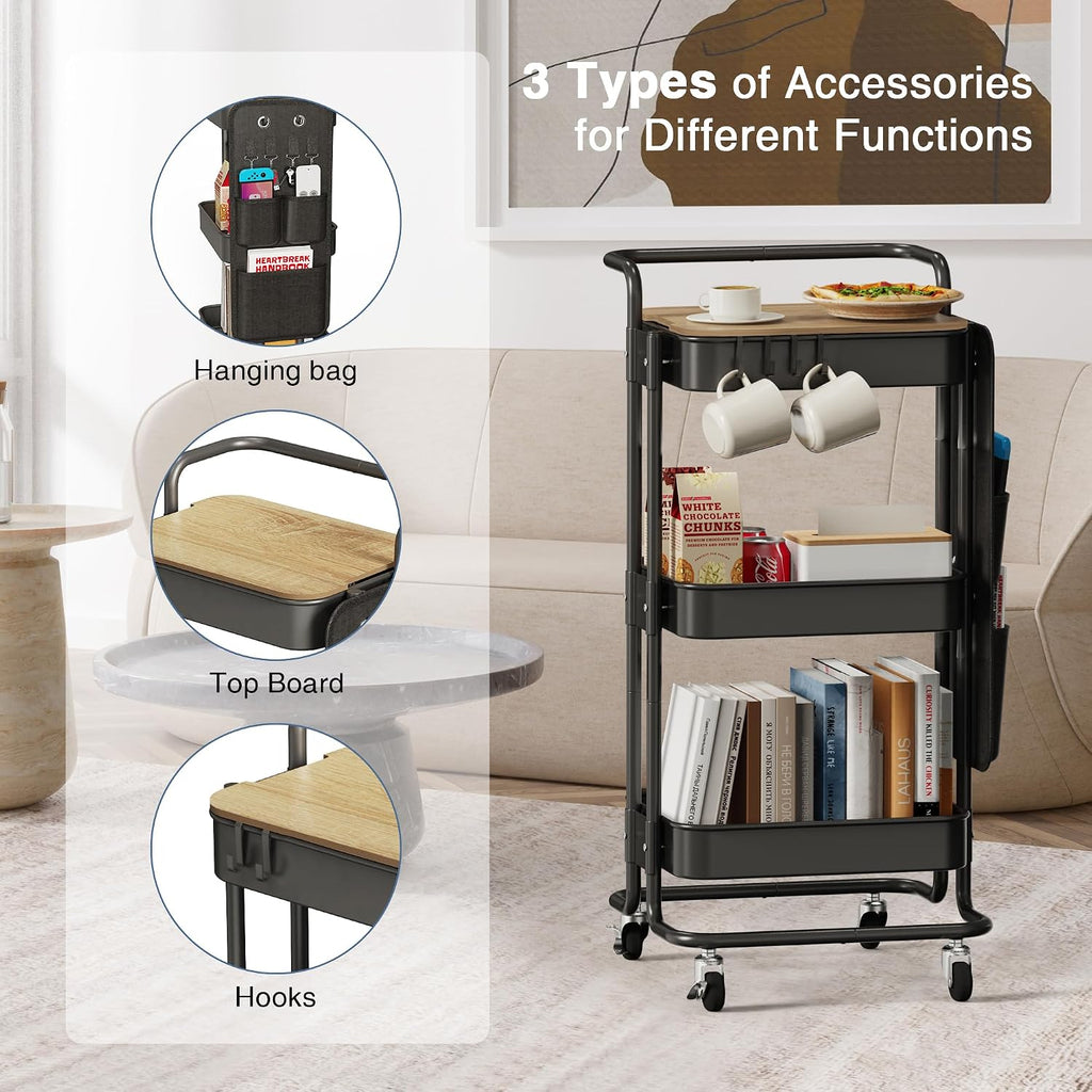 Black 3 Tier Rolling Utility Cart Table Top Storage