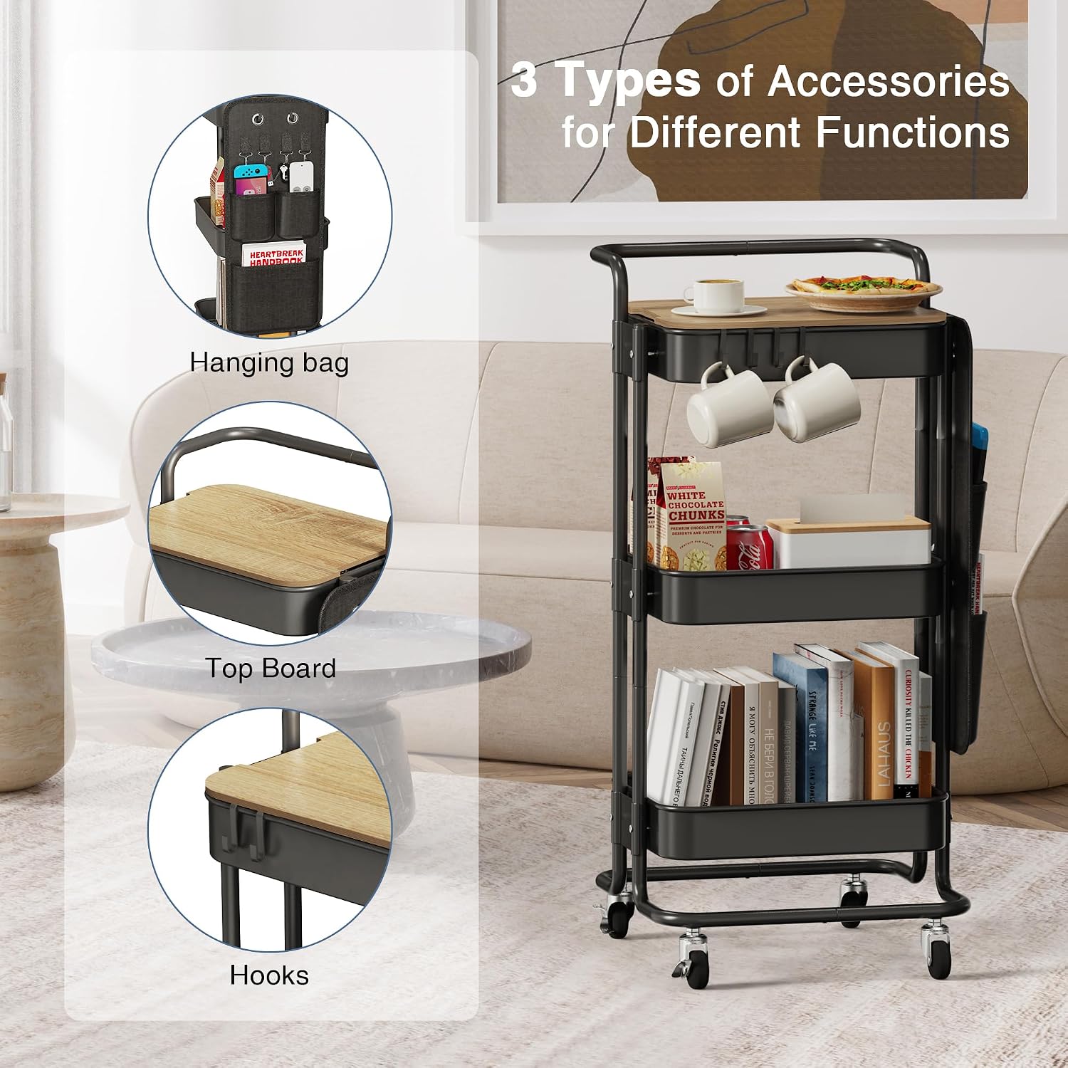 Black 3 Tier Rolling Utility Cart Table Top Storage