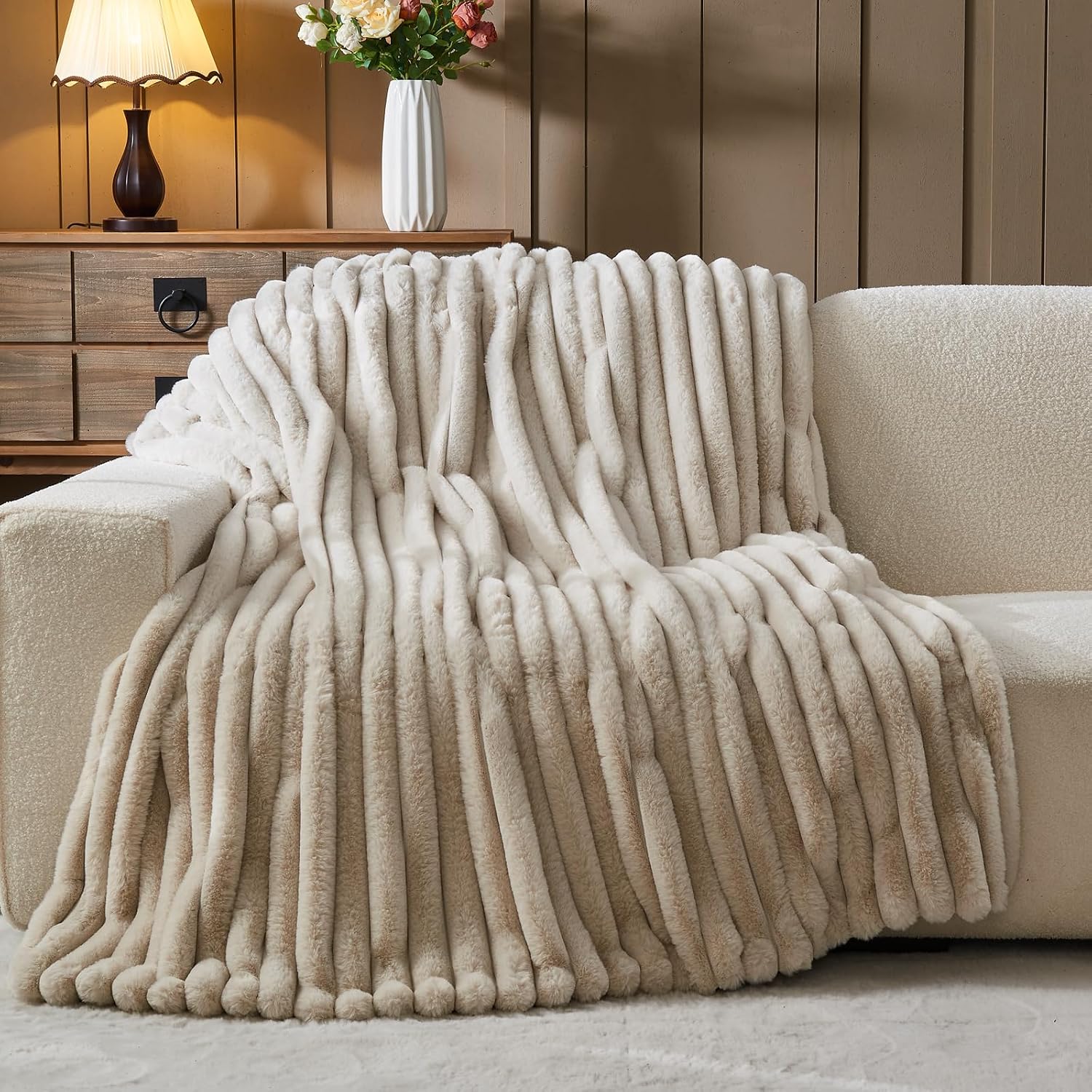 Linen Ribbed Faux Fur Warm Plush Throw Blanket