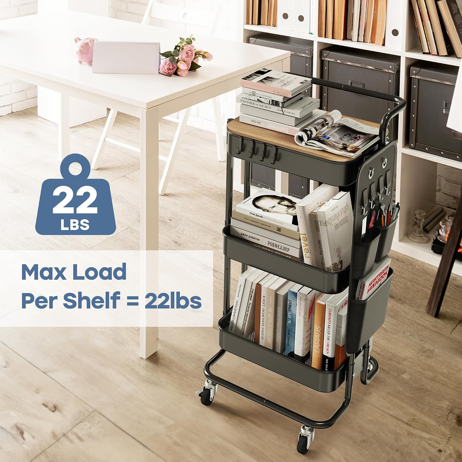 Black 3 Tier Rolling Utility Cart Table Top Storage