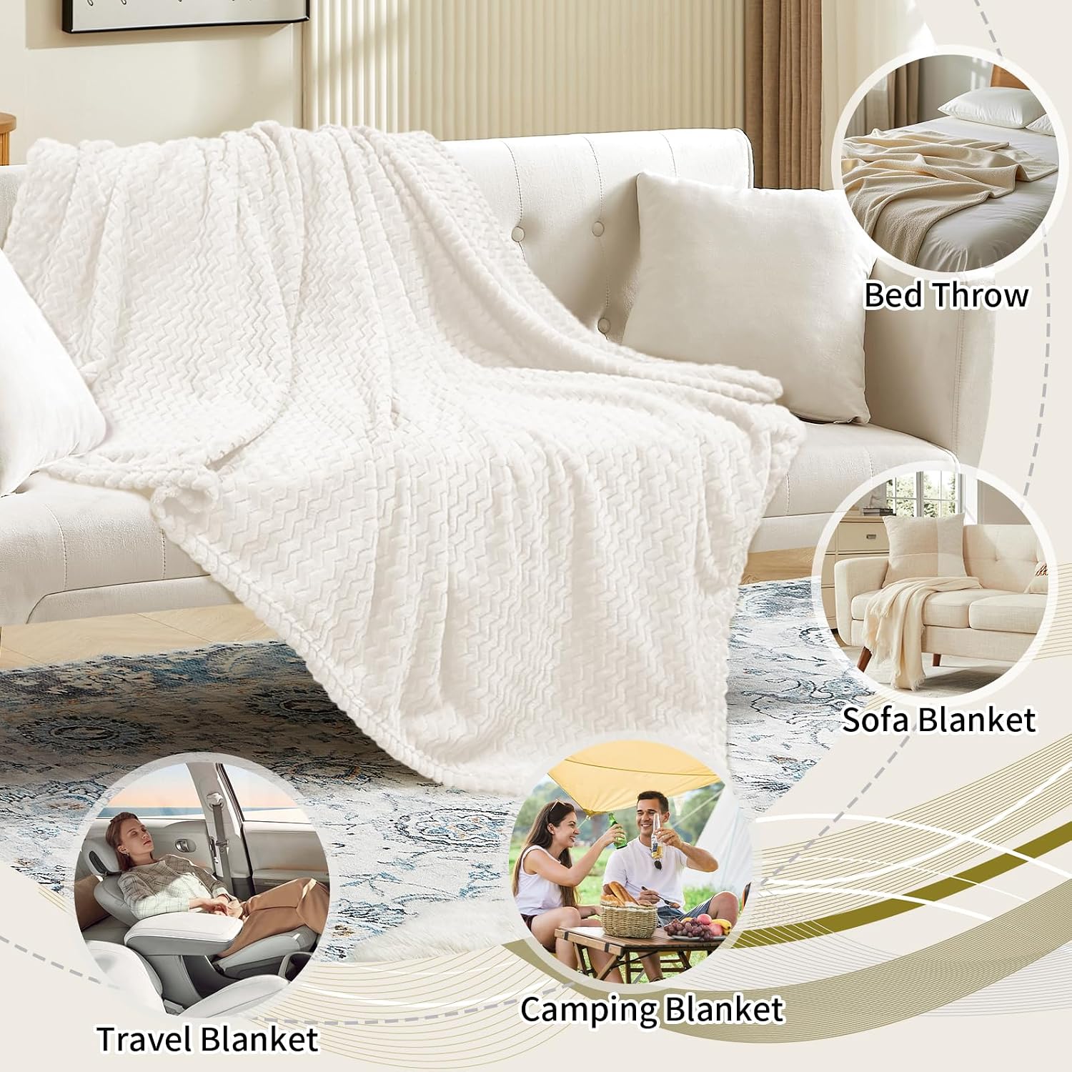 White Ribbed Fleece Throw Blanket 6 Pack Soft Gift