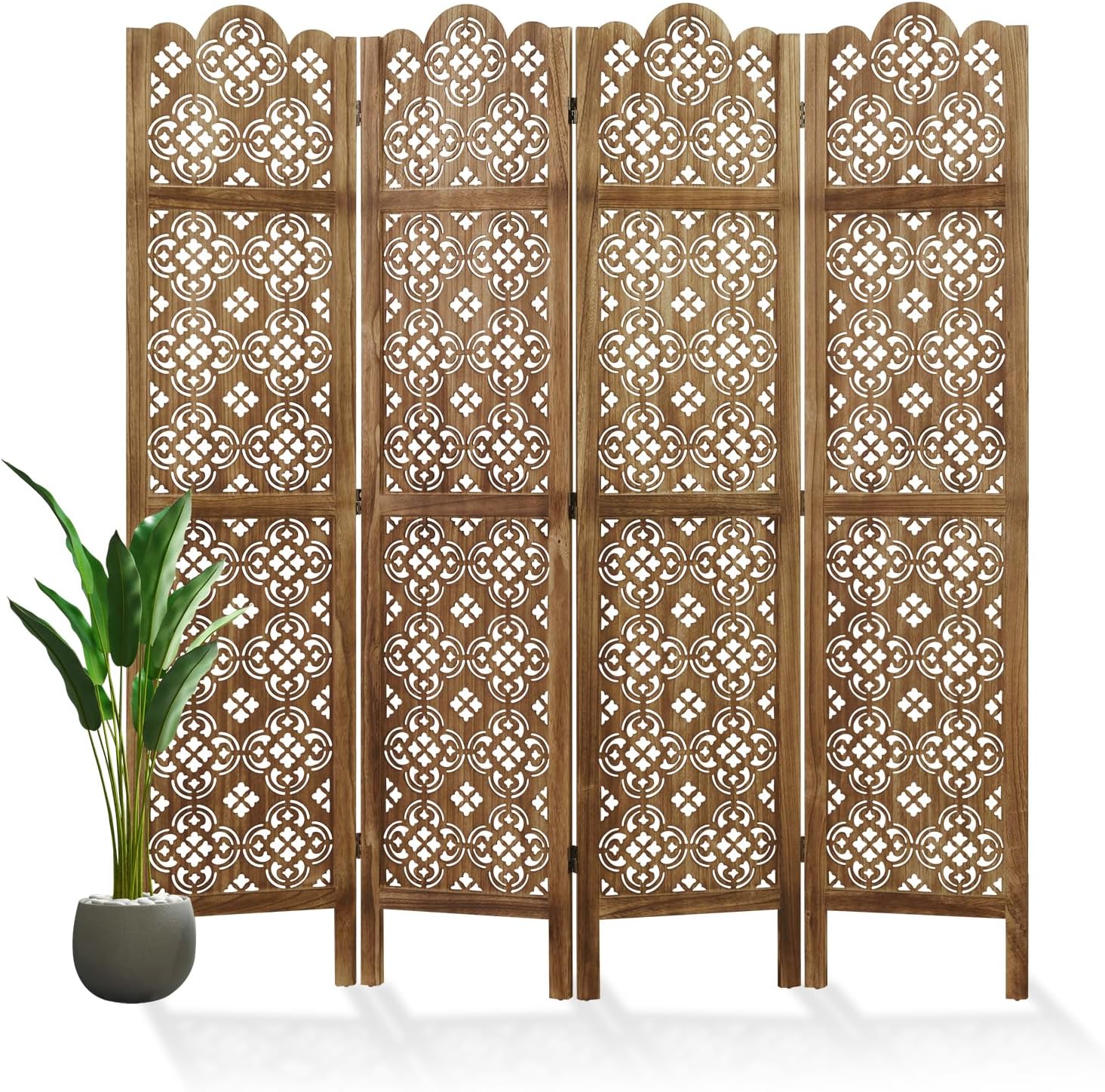Dark Brown 4 Panel Carved Wood Room Divider