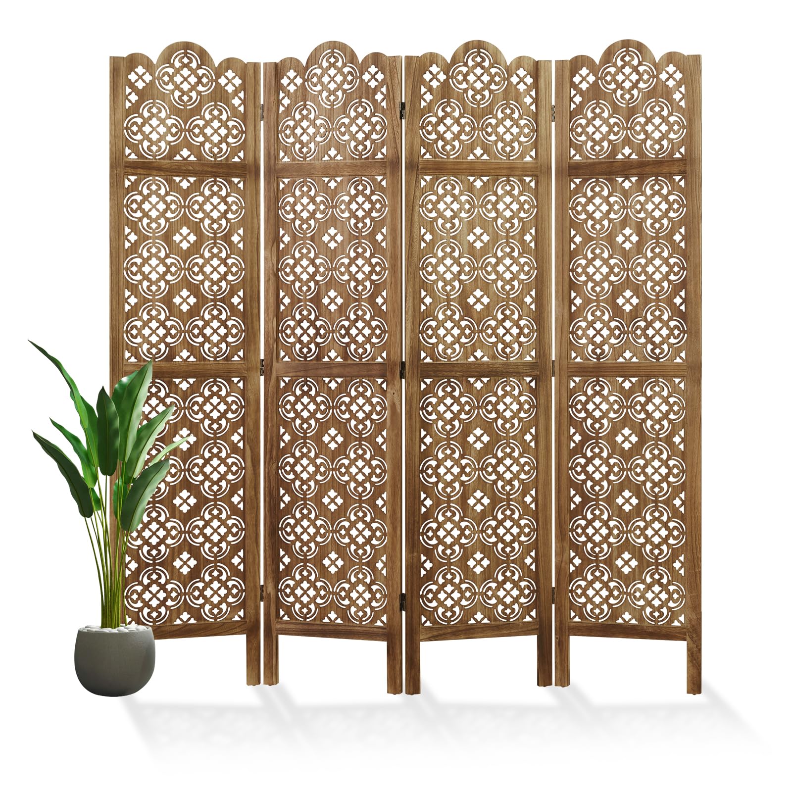 Dark Brown 4 Panel Carved Wood Room Divider