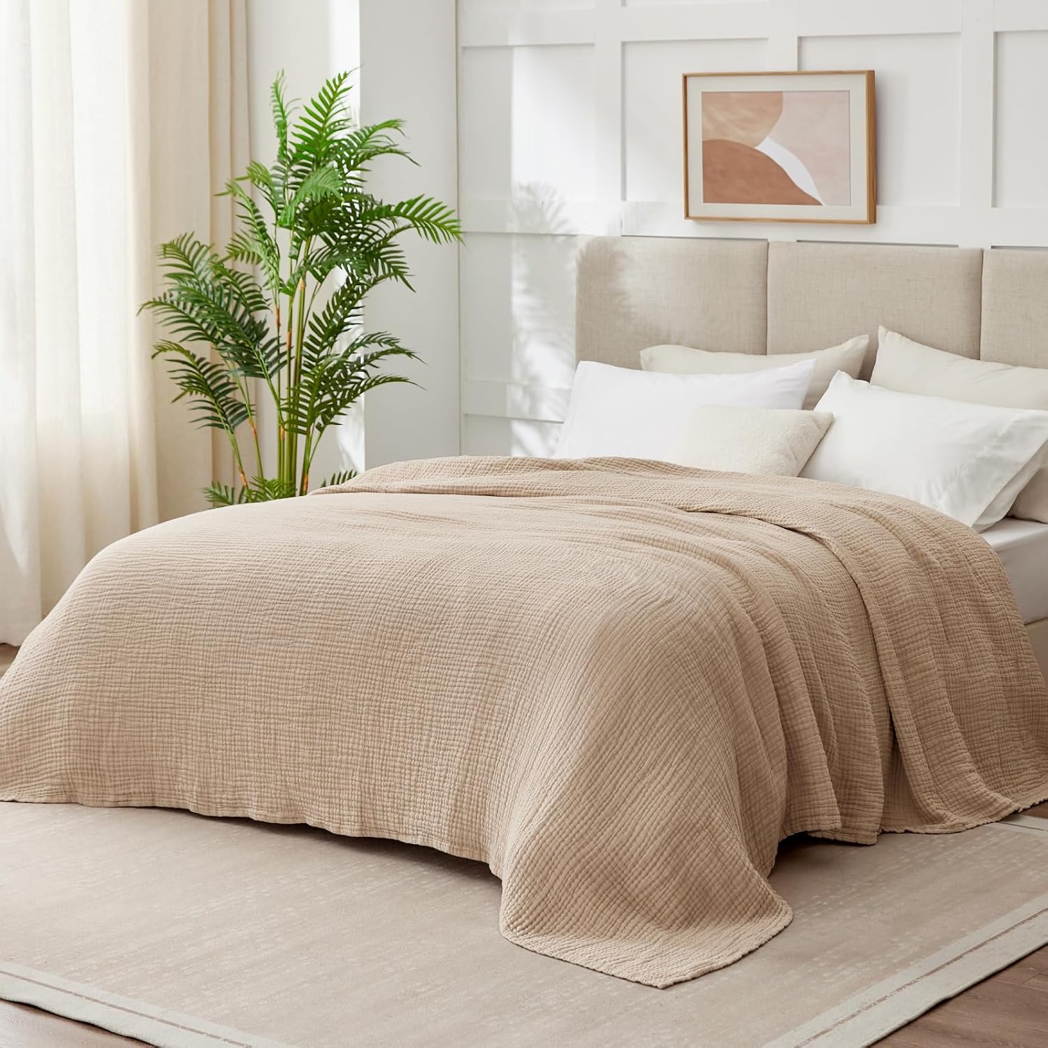 Beige 6 Layer Muslin Cotton Cooling Throw Blanket