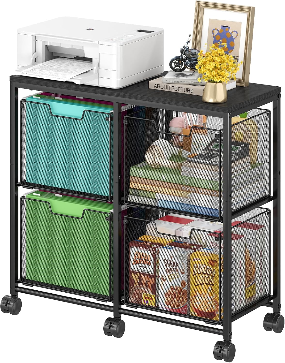 Black Mobile File Cabinet 4 Drawer Under Desk Storage