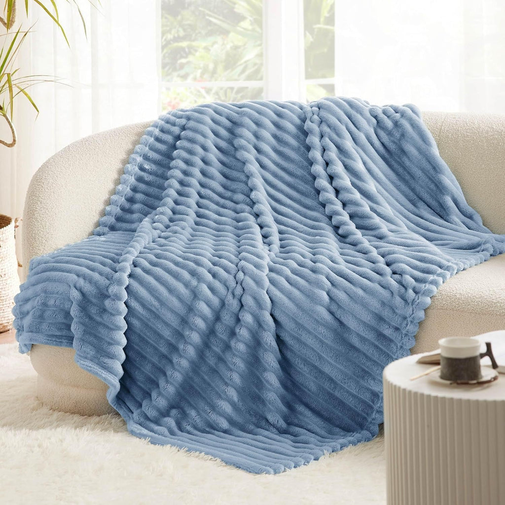 Blue Ribbed Soft Plush All Season Throw Blanket