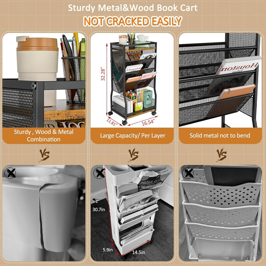8 Tier Rolling Book Cart Mobile Storage Organizer
