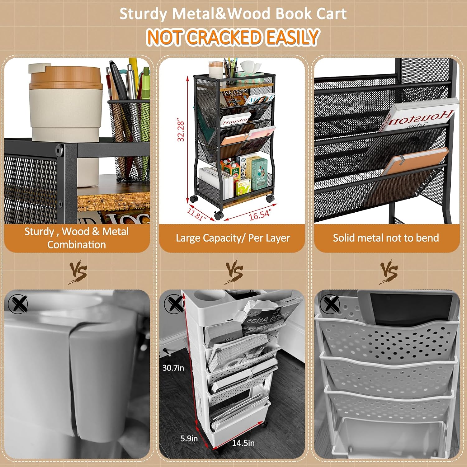 8 Tier Rolling Book Cart Mobile Storage Organizer