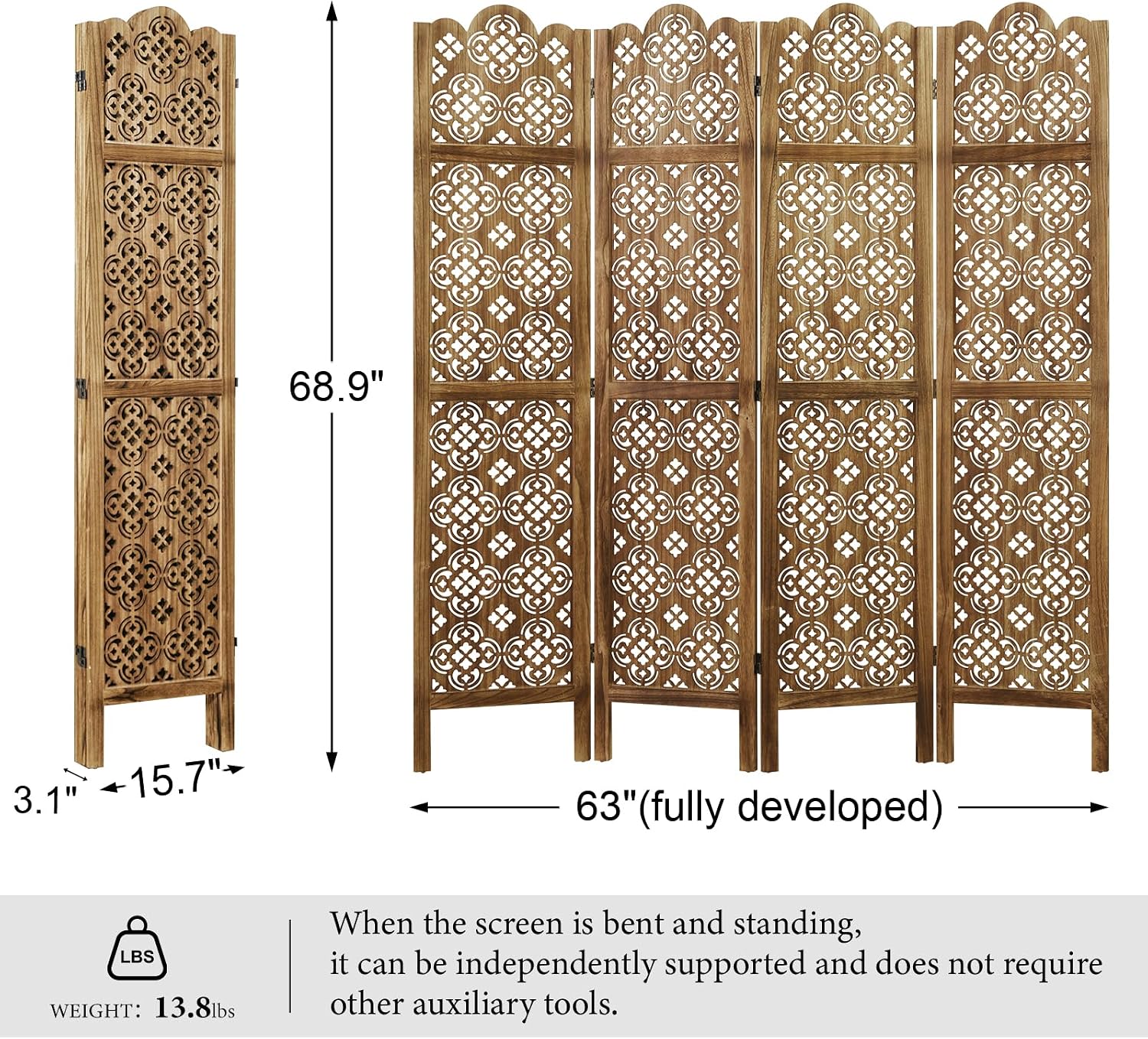 Dark Brown 4 Panel Carved Wood Room Divider
