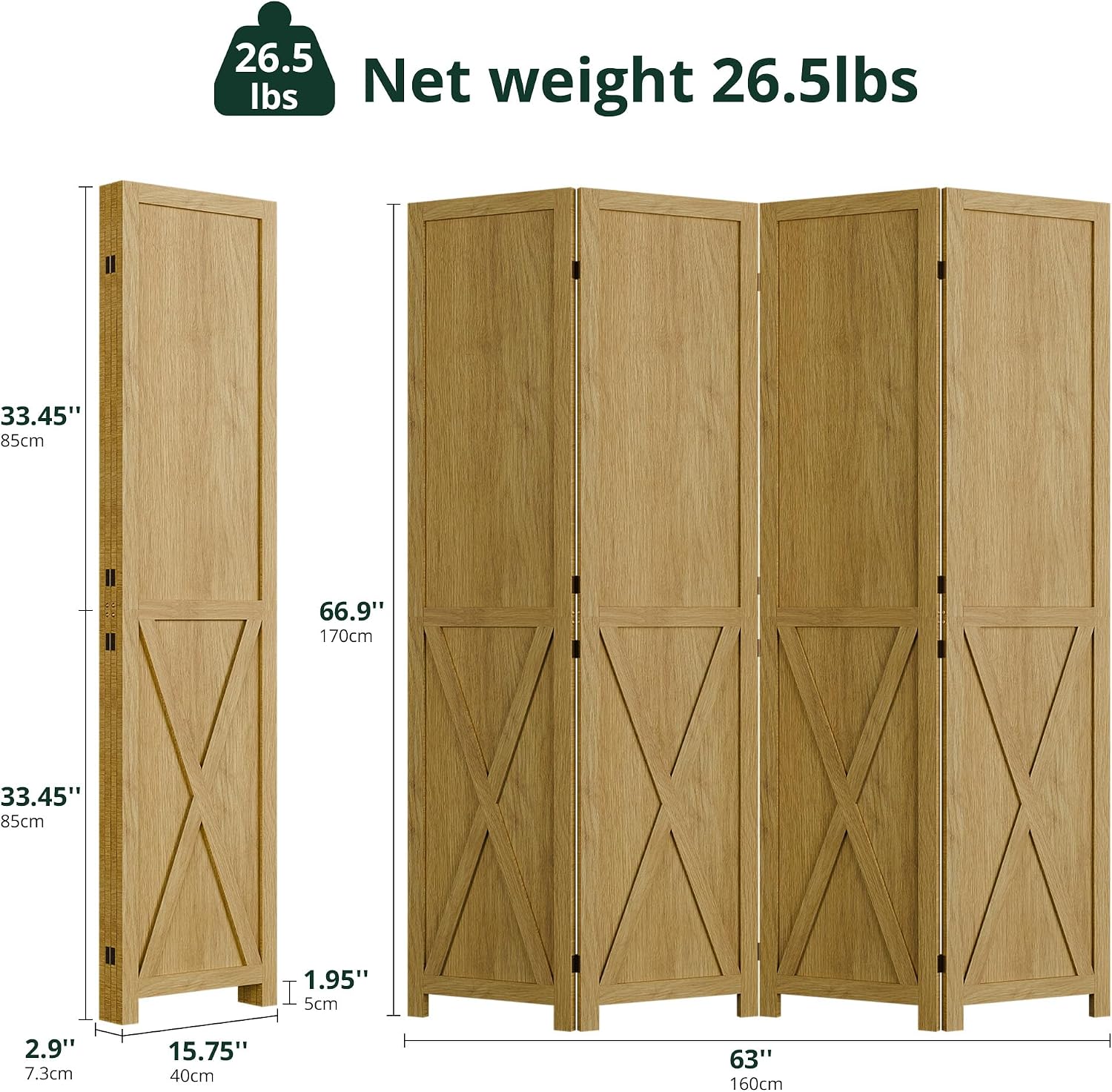 Natural 4 Panel Solid Wood Folding Room Divider