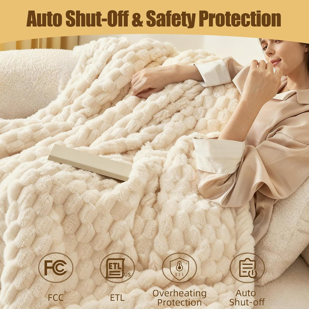 Faux Fur Heated Throw Timer Auto Shut Off Blanket