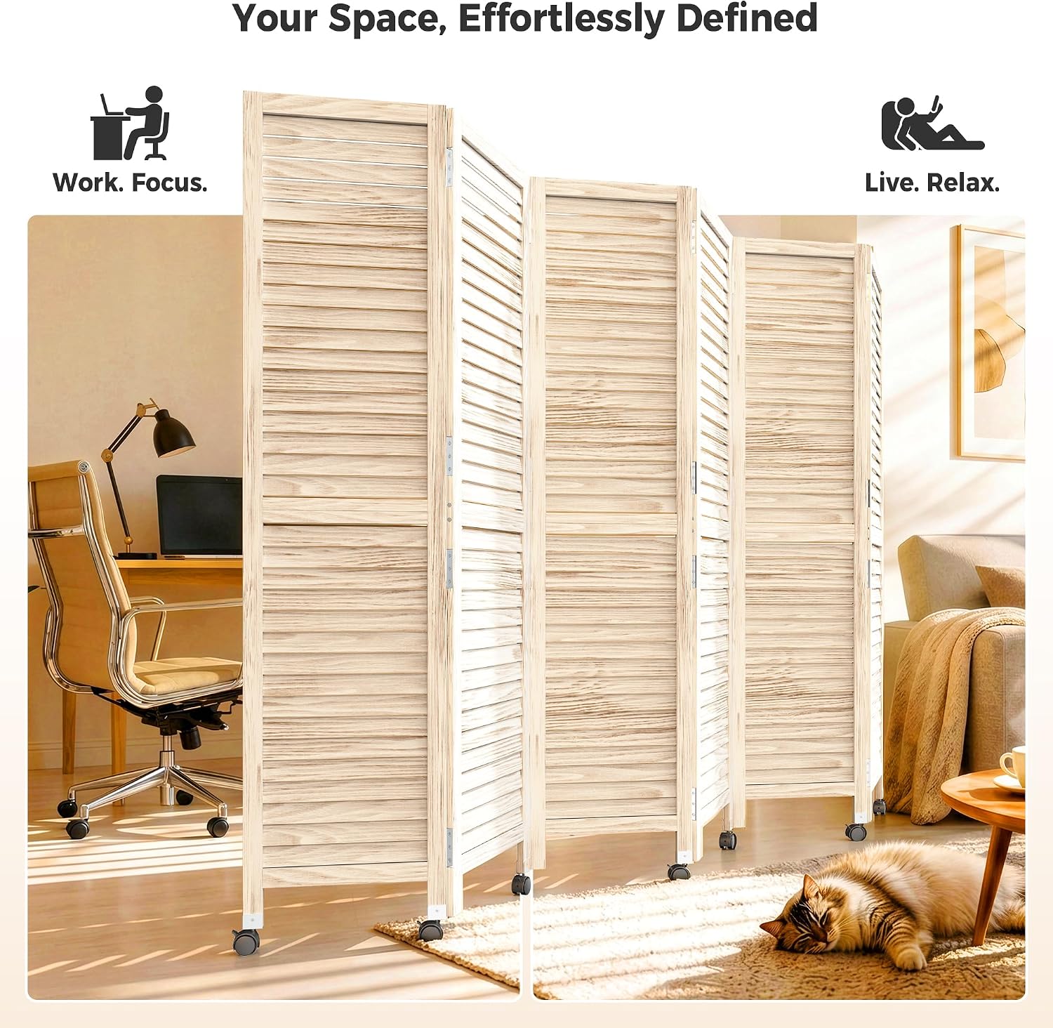 White 6 Panel Wood Wheeled Privacy Room Divider