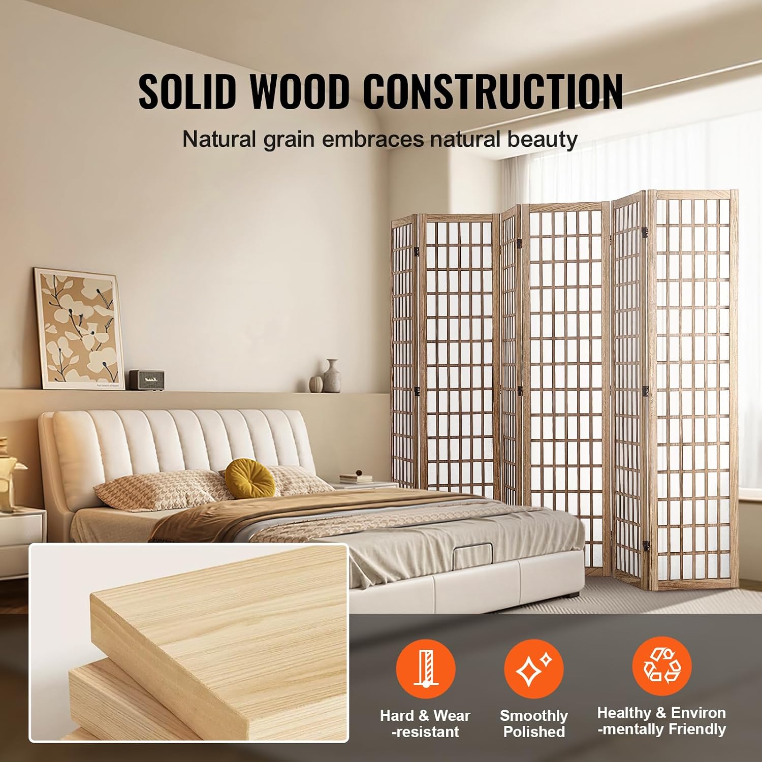 Natural 6 Panel Japanese Wood Folding Room Divider