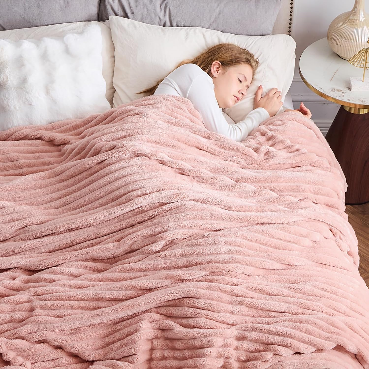Pink Ribbed Flannel Queen Size All Season Blanket