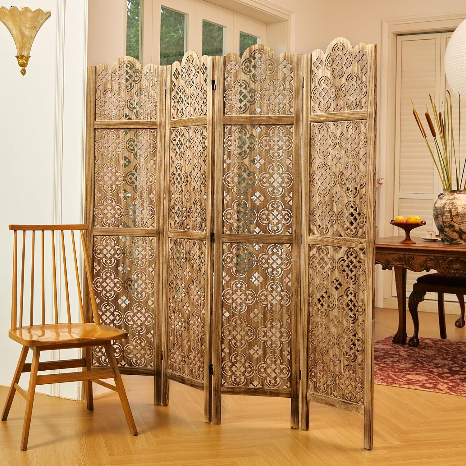 Dark Brown 4 Panel Carved Wood Room Divider