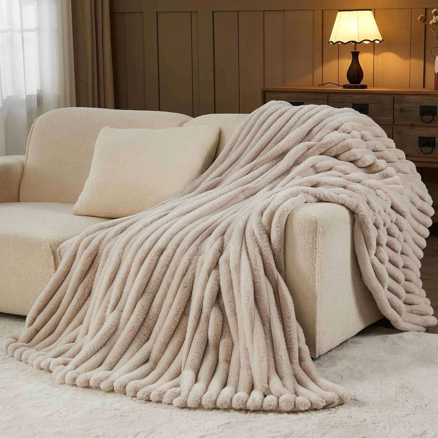 Linen Ribbed Faux Fur Warm Plush Throw Blanket