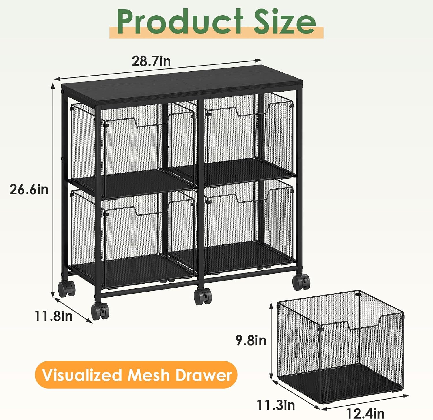 Black Mobile File Cabinet 4 Drawer Under Desk Storage
