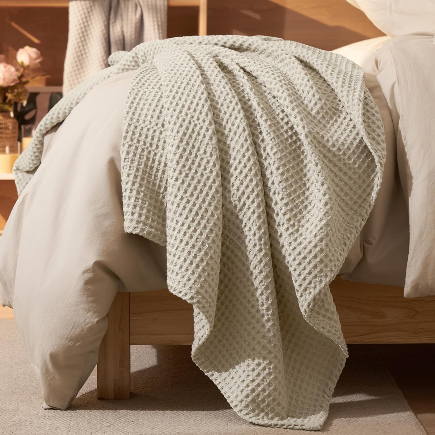Khaki Waffle Weave Cooling Summer Throw Blanket