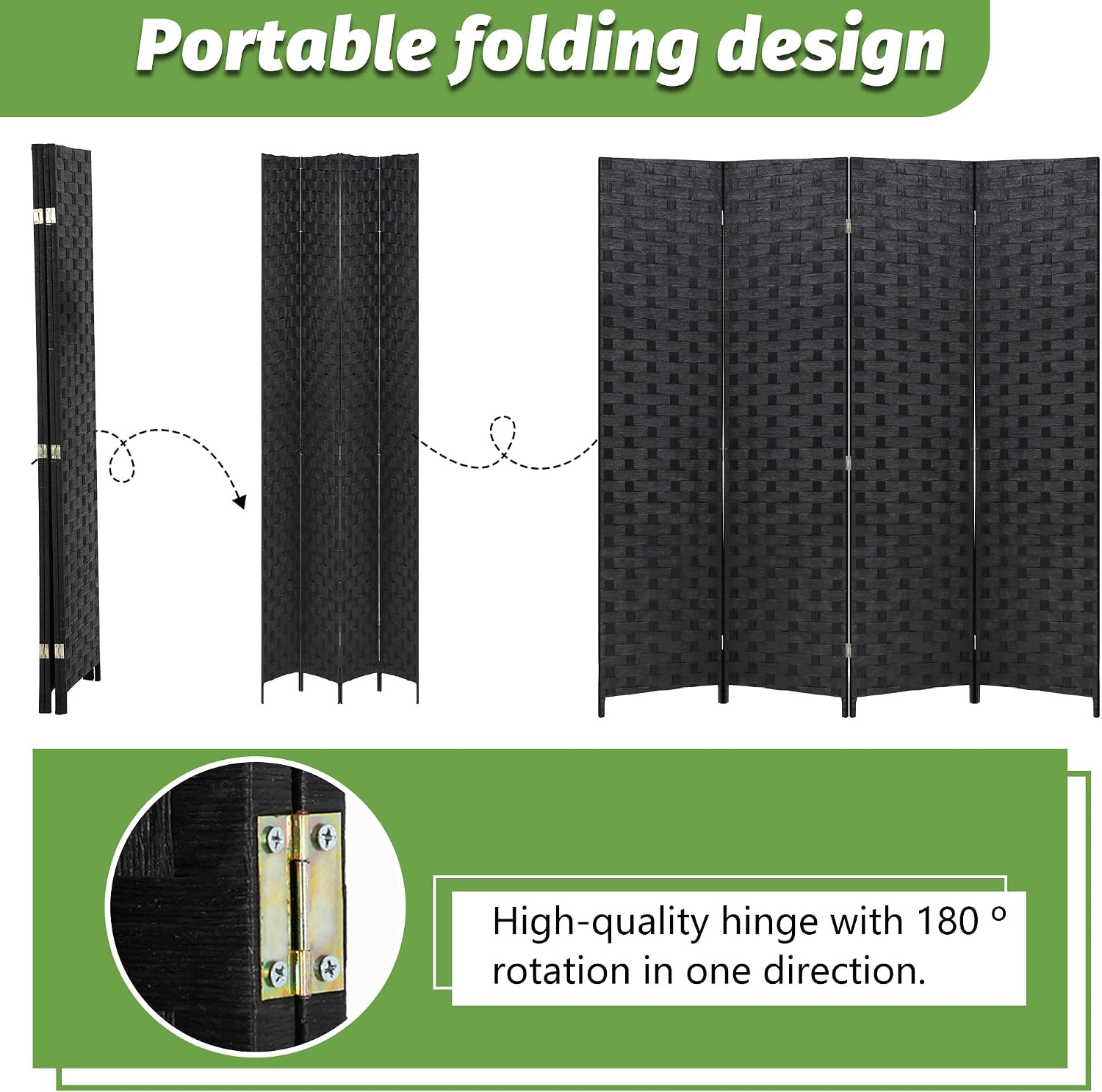Black 4 Panel Woven Wood Folding Room Divider