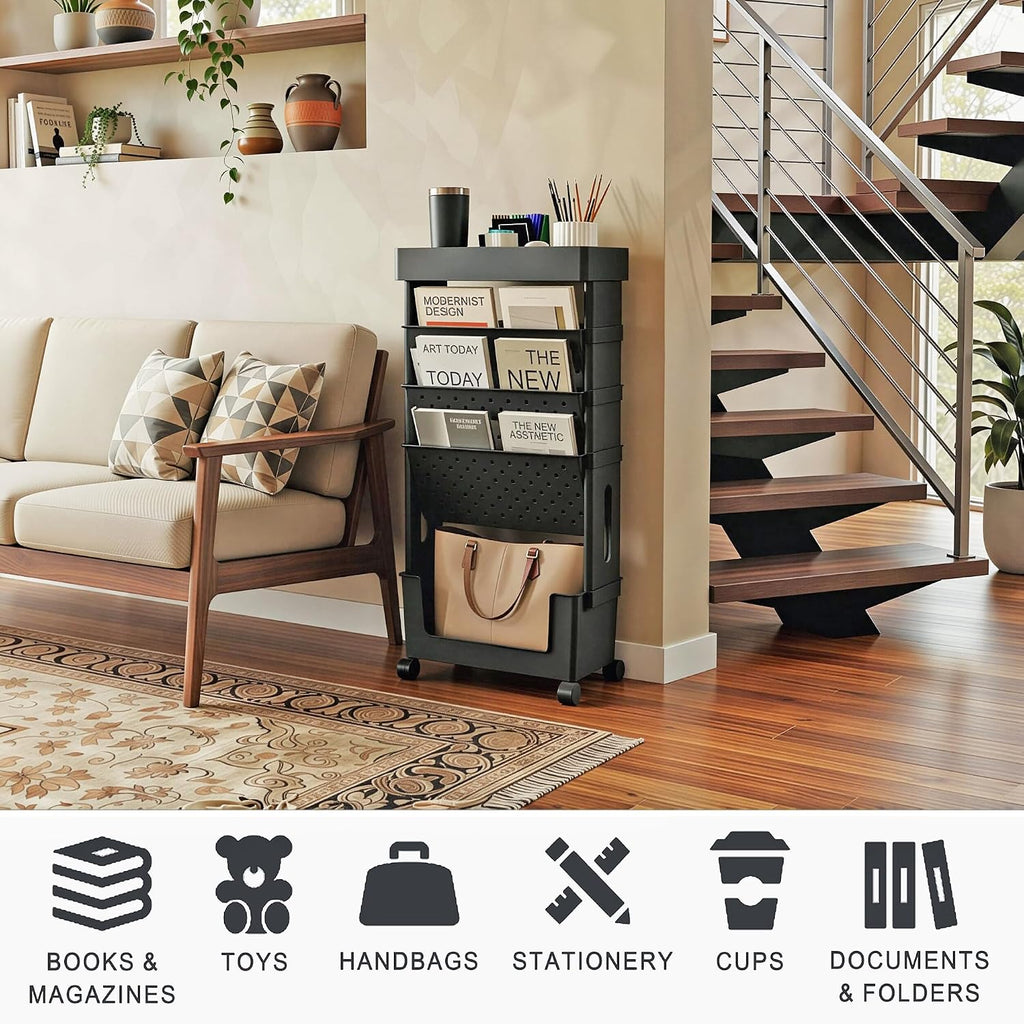 Black 5 Tier Rolling Book Storage Organizer Cart