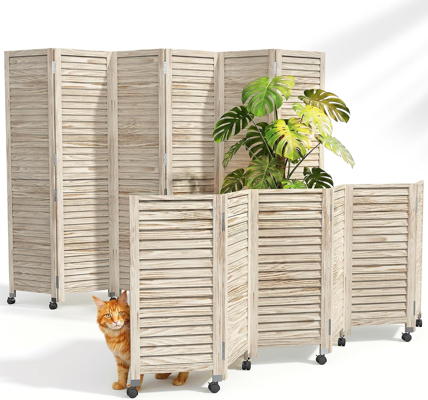 White 6 Panel Wood Wheeled Privacy Room Divider