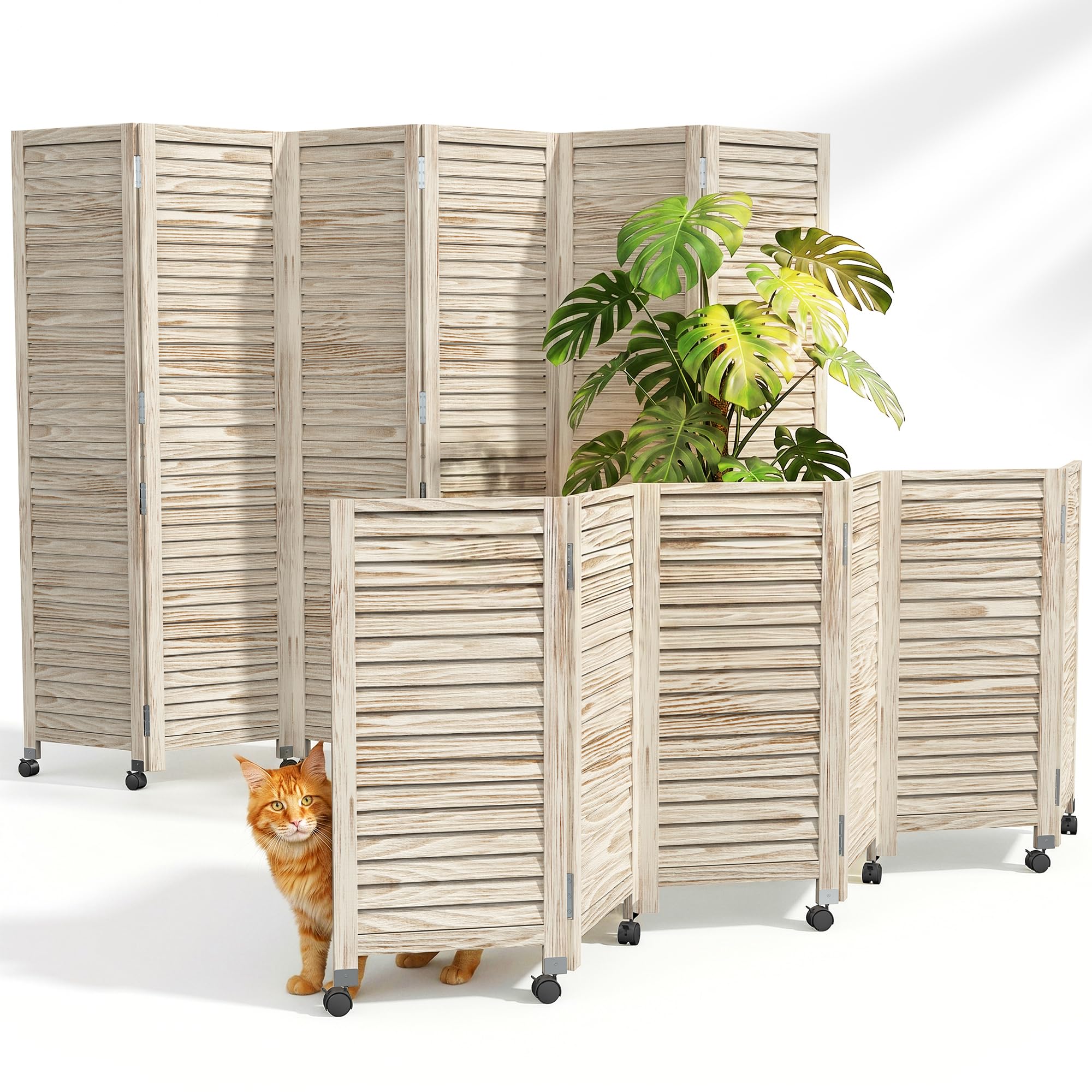 White 6 Panel Wood Wheeled Privacy Room Divider
