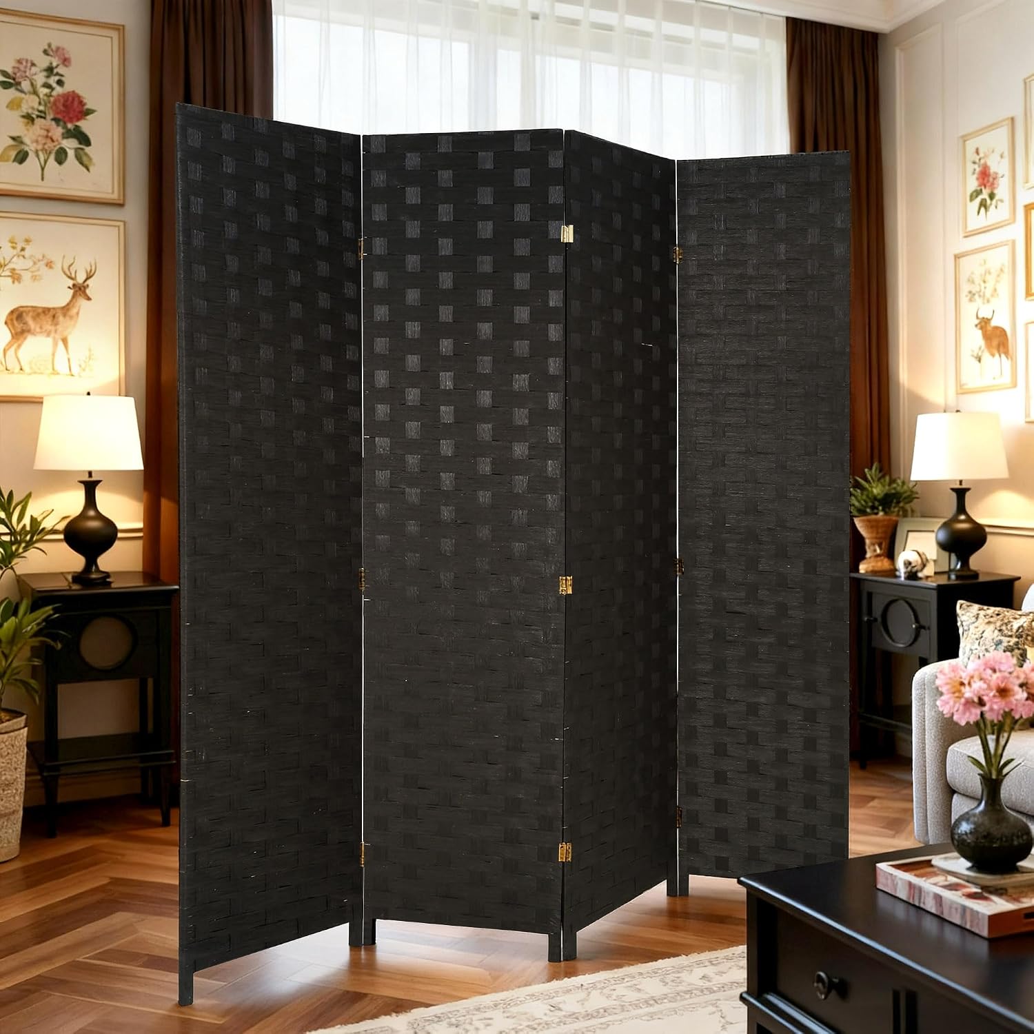 Black 4 Panel Woven Wood Folding Room Divider