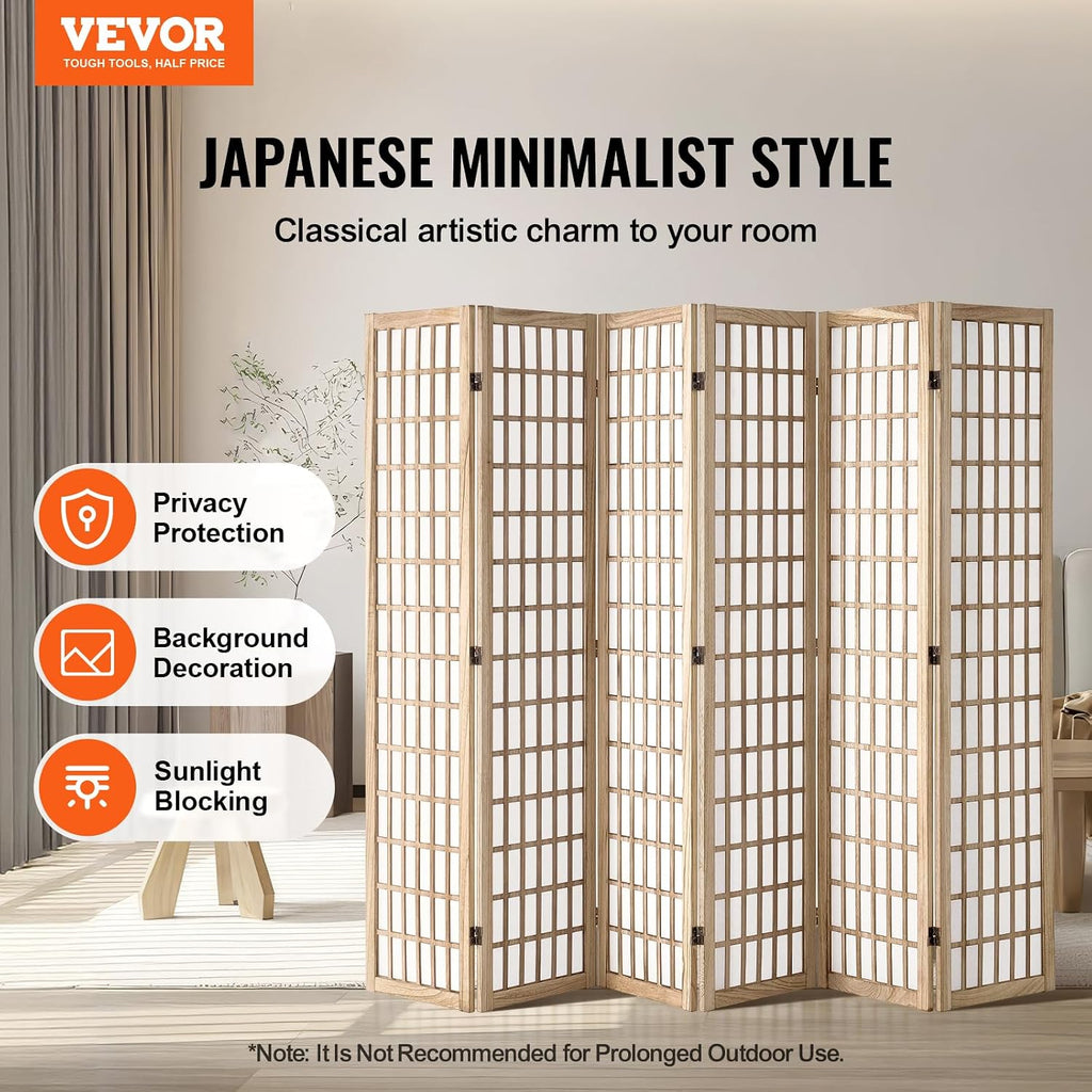 Natural 6 Panel Japanese Wood Folding Room Divider