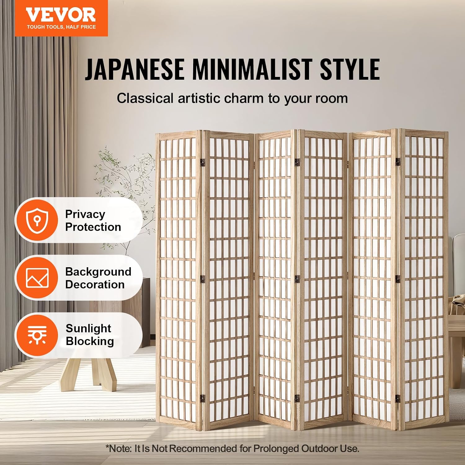 Natural 6 Panel Japanese Wood Folding Room Divider