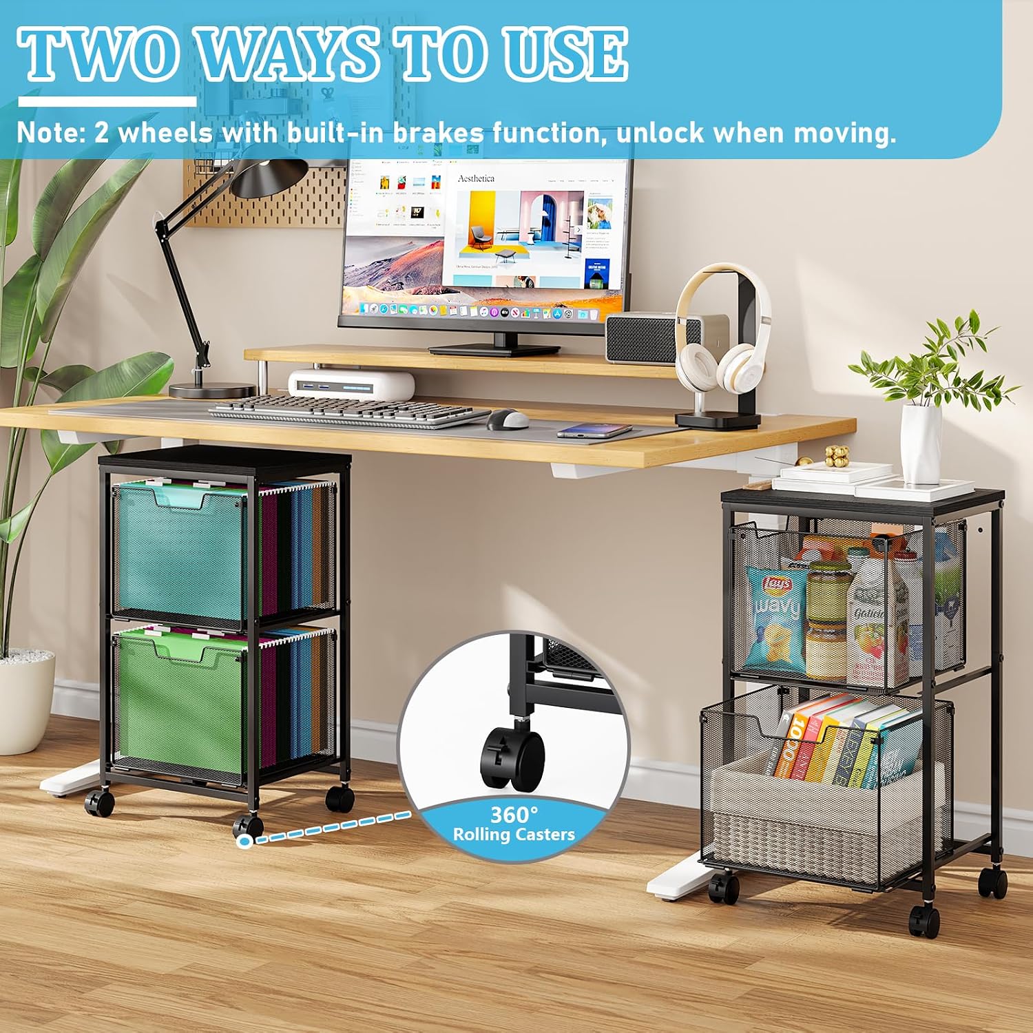 Black Rolling File Cart 2 Drawer Under Desk Storage