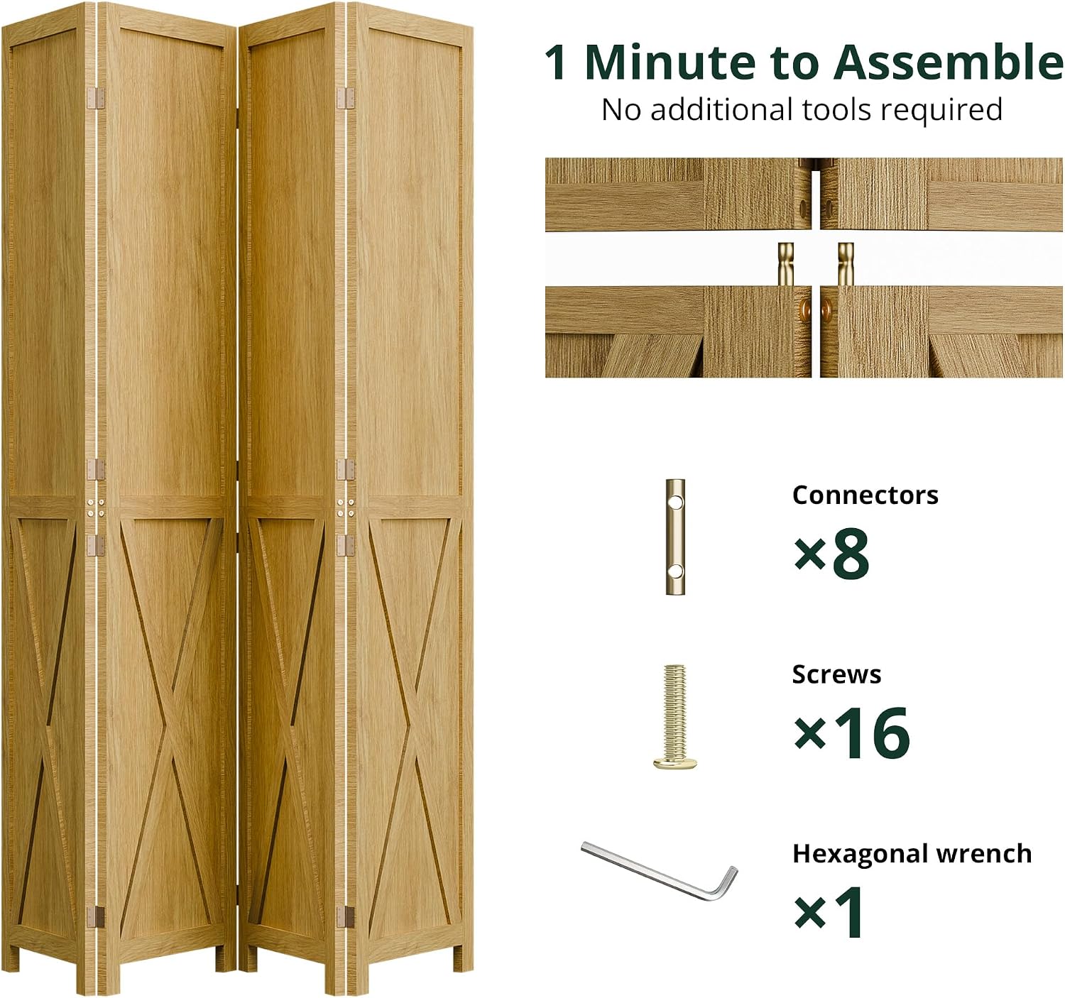 Natural 4 Panel Solid Wood Folding Room Divider