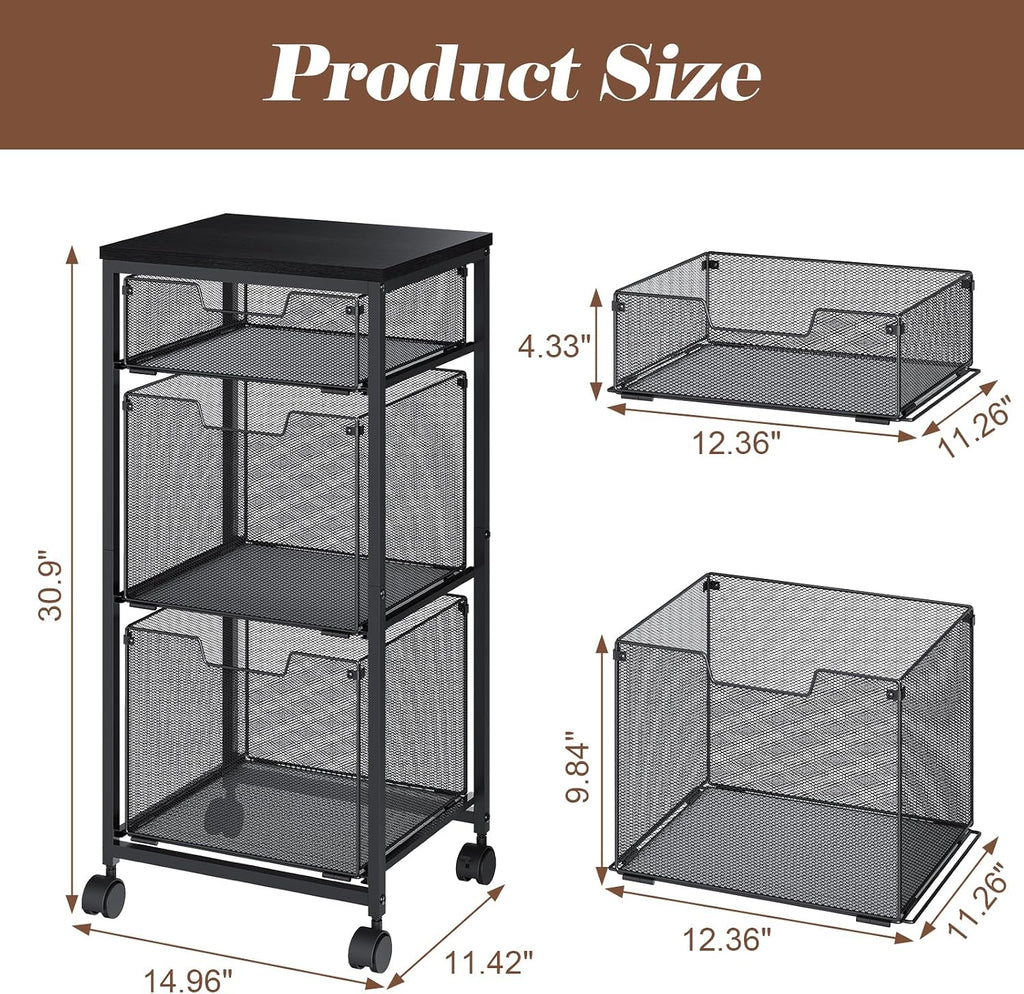 Black 3 Drawer Lockable Rolling File Storage Cart
