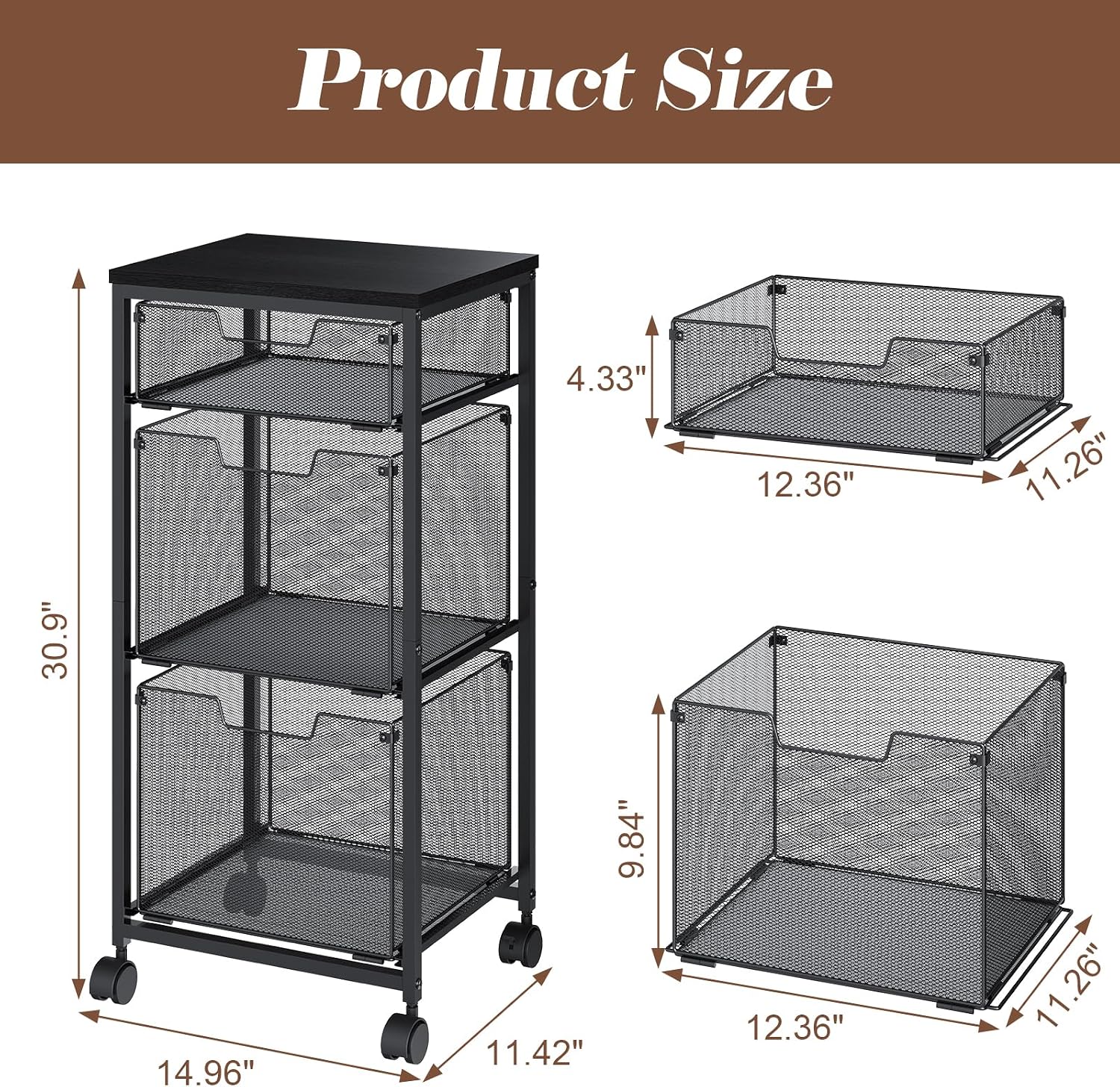 Black 3 Drawer Lockable Rolling File Storage Cart